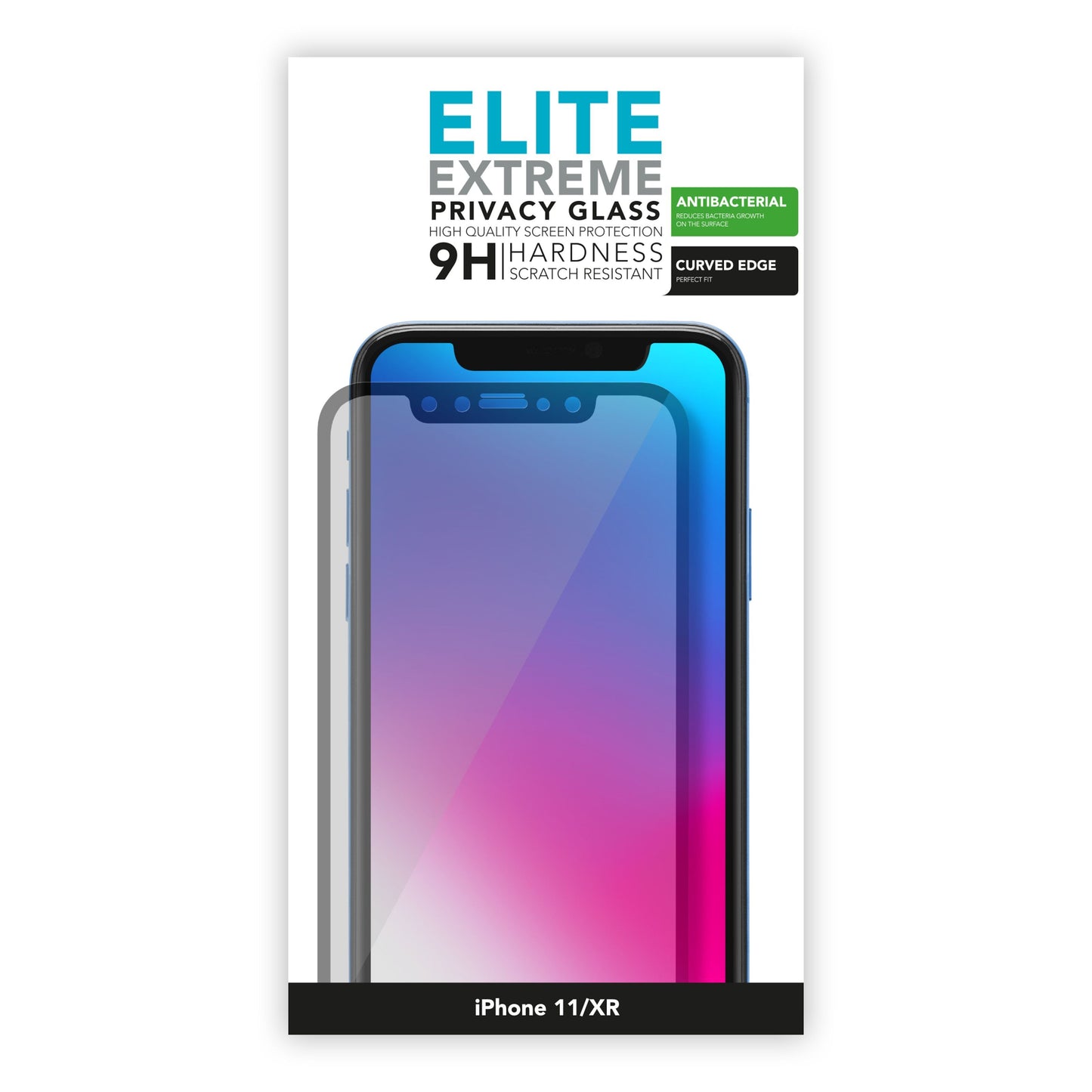 Privacy skærmbeskyttelse til iPhone 11/Xr, hærdet glas, antibakteriel, 9H hårdhed, ridsefast, kurvet kant.