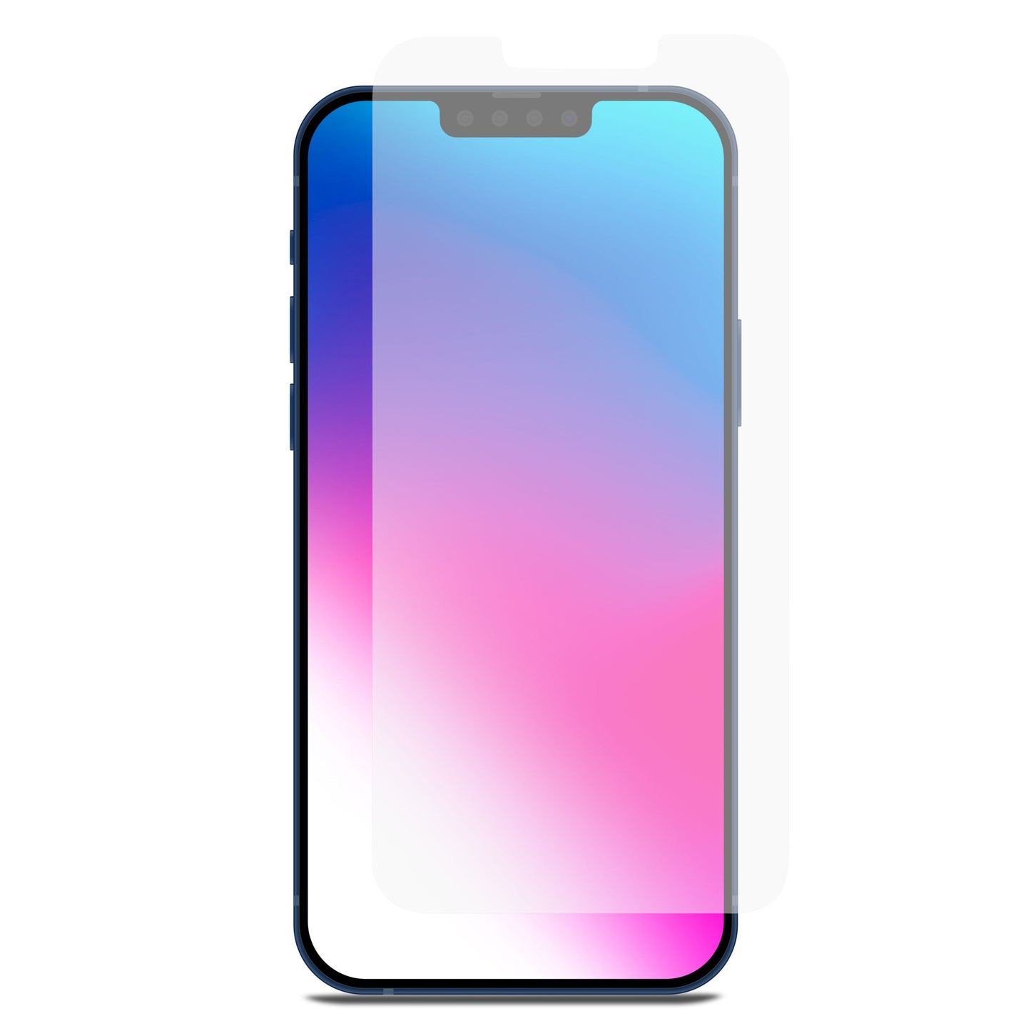 Elite Extreme skærmbeskyttelse til iPhone 13/13 Pro/14/16e foran smartphone med blå-lyserød skærm, klar til montering.