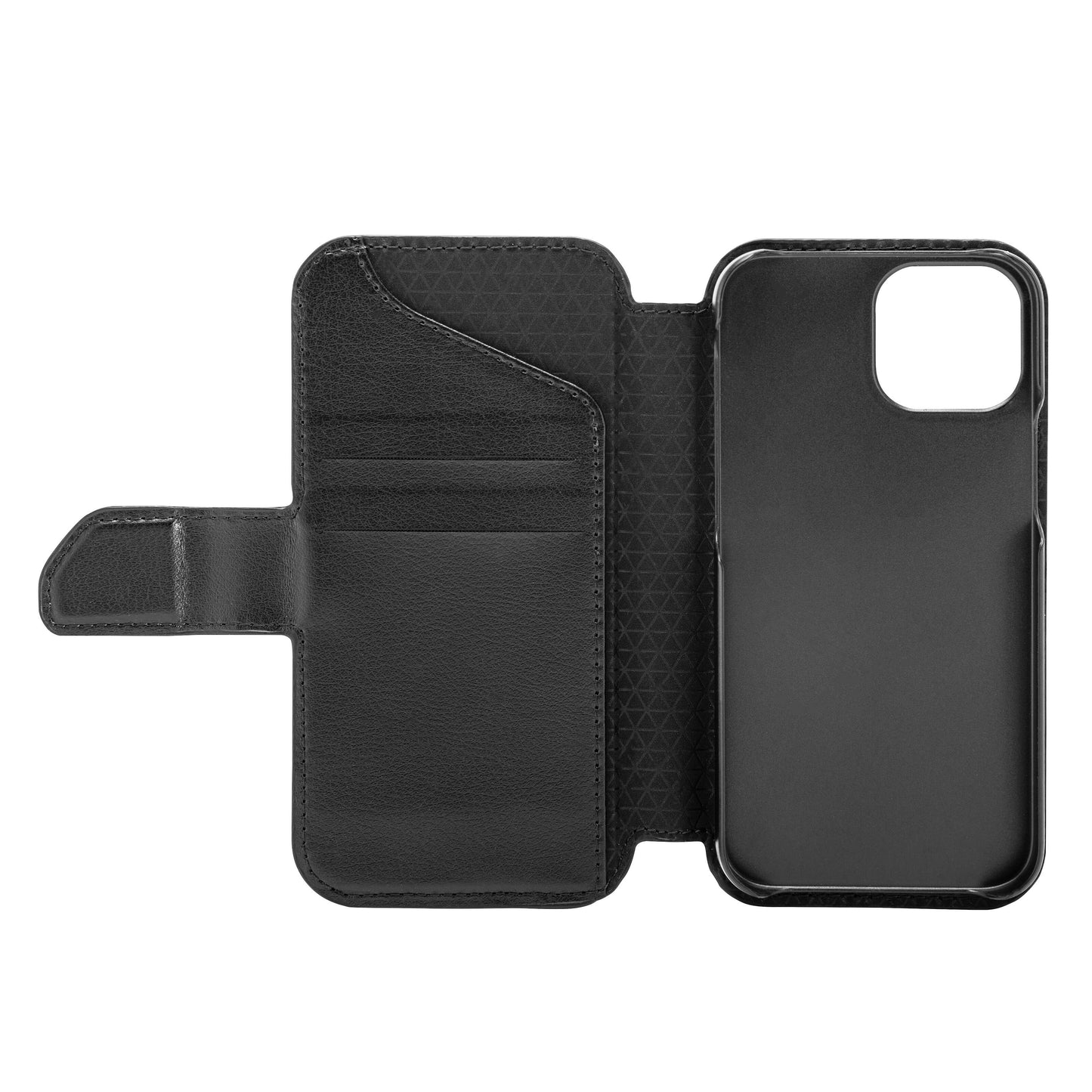 Linocell mobilpung til iPhone 13 Mini sort læder med kortholdere venstre og magnetisk telefoncover højre, åben visning.