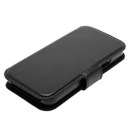 Linocell mobilpung til iPhone 13 Mini i sort læder med glatte overflader, syede kanter og magnetisk cover-klap.