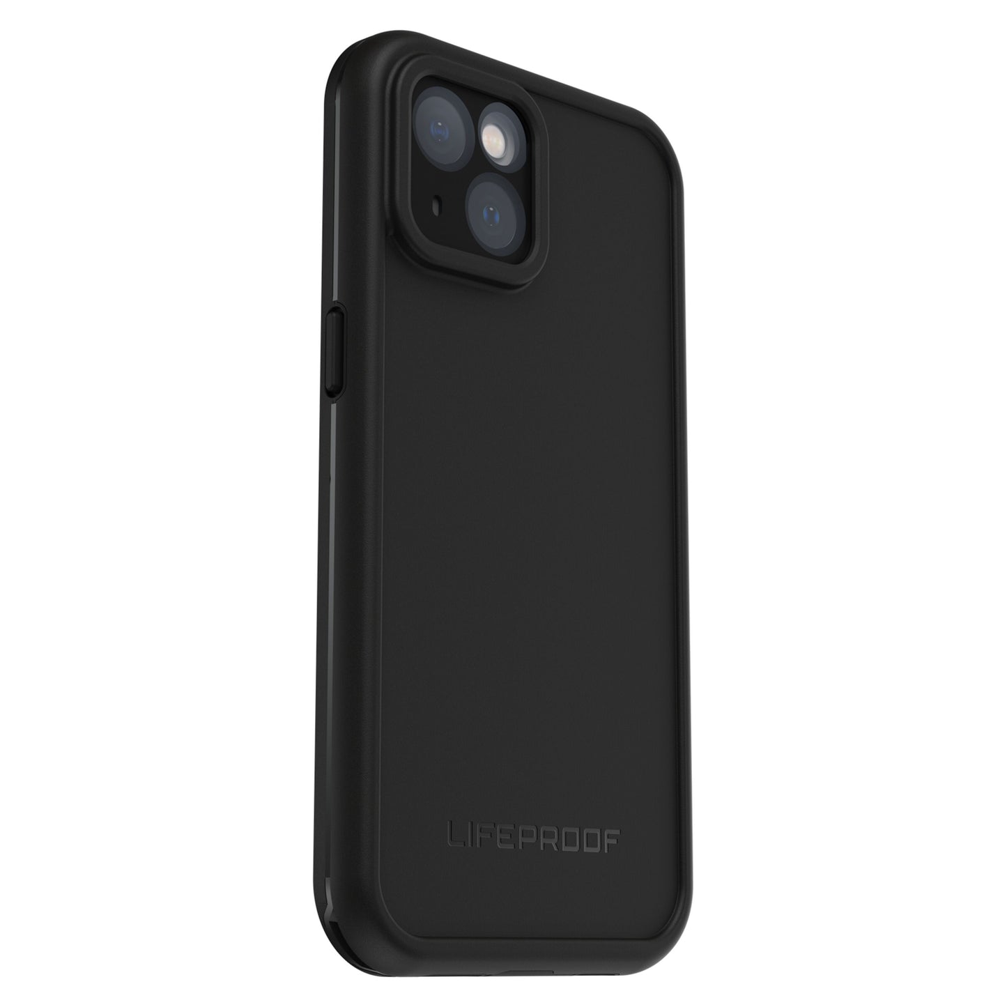 LifeProof Fre cover til iPhone 13, sort, glat finish, afrundede kanter, logo på bagside, til dobbelte bagkameraer.