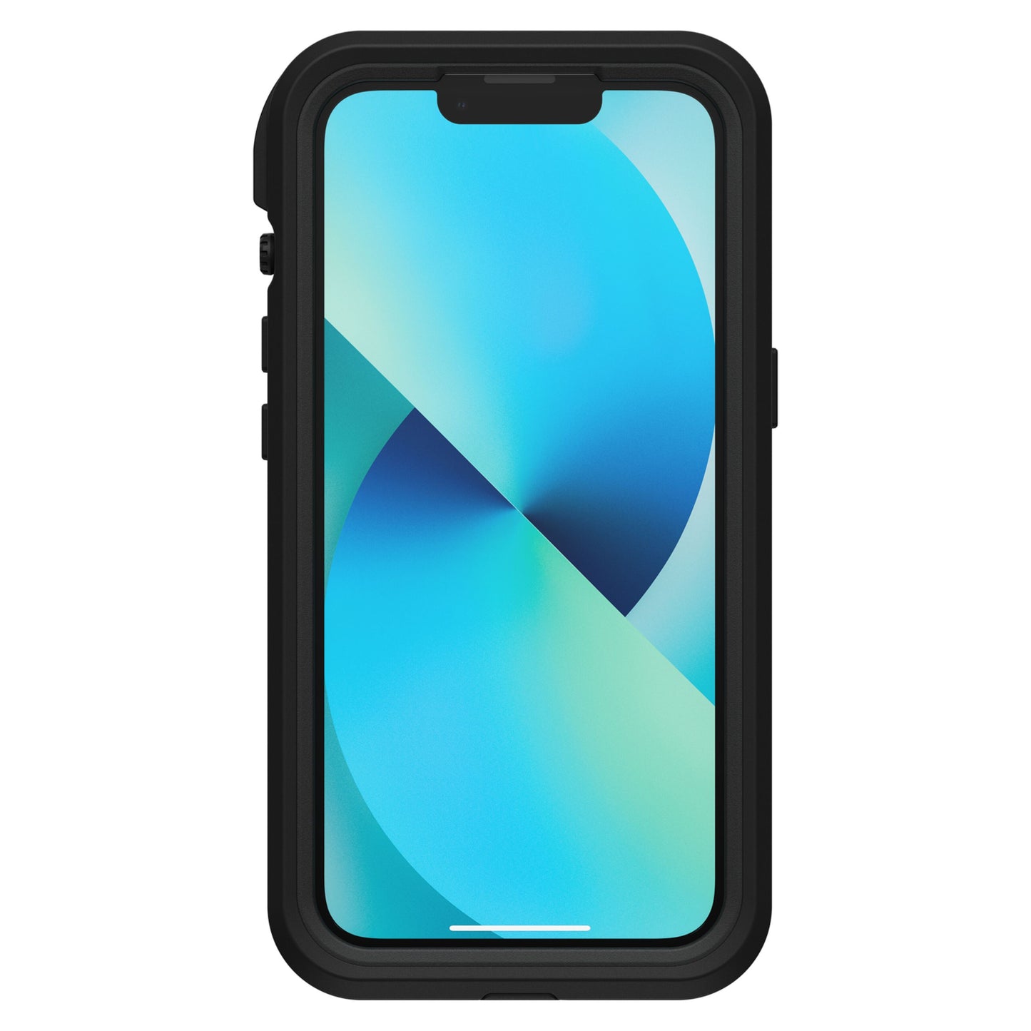 IPhone 13 med sort Otterbox Fre cover, set forfra med blå og grøn abstrakt baggrund på skærmen.