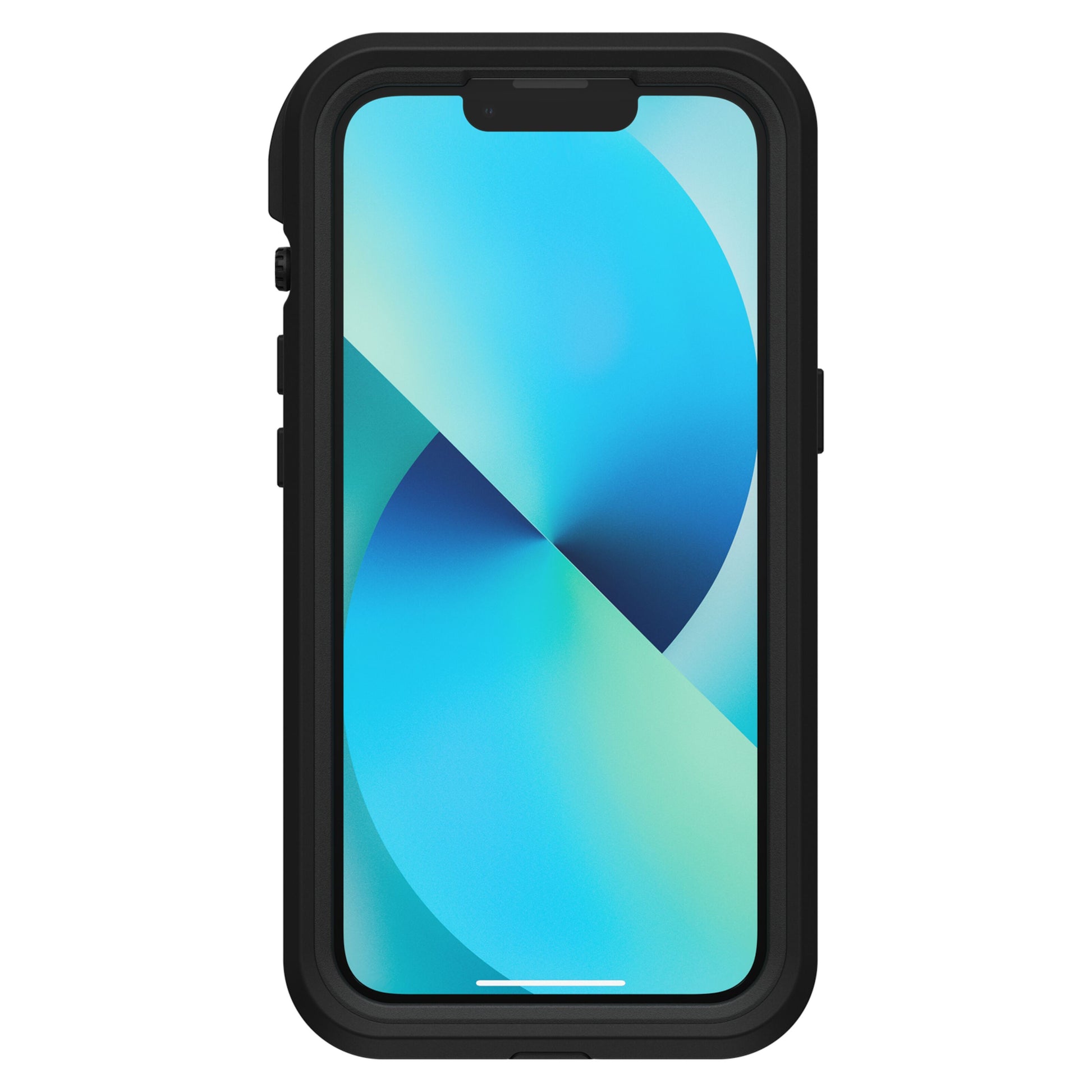IPhone 13 med sort Otterbox Fre cover, set forfra med blå og grøn abstrakt baggrund på skærmen.