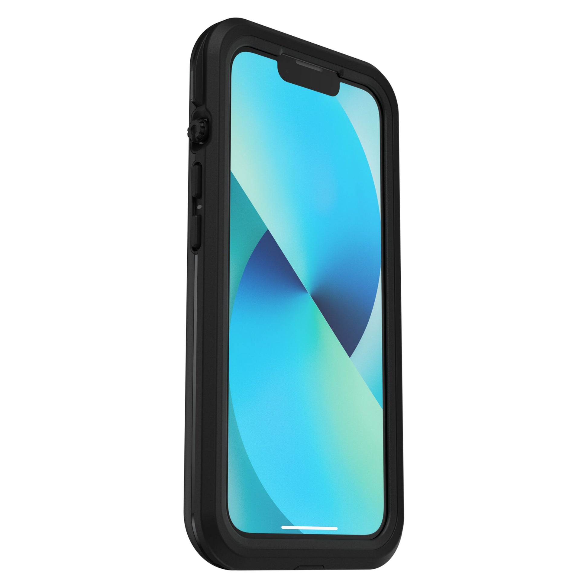 Otterbox Fre mobilcover i sort til iPhone 13 på telefon med blå geometrisk baggrund, set fra trekvart vinkel.