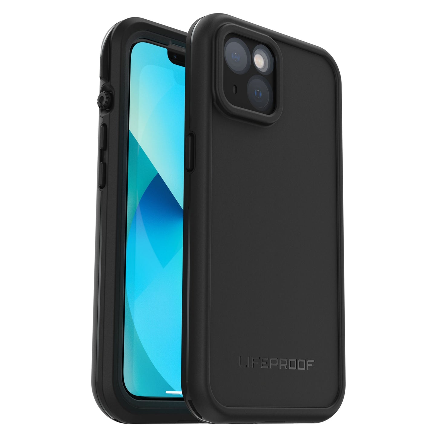 Otterbox Fre mobilcover til iPhone 13 set forfra med skærm og bagfra med kameratudskæring og Otterbox-logo.