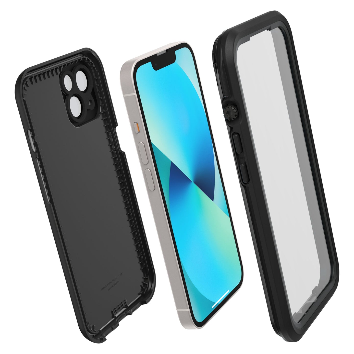 IPhone 13 med Otterbox Fre mobilcover, sort bagside til venstre, gennemsigtig front med sorte kanter til højre.