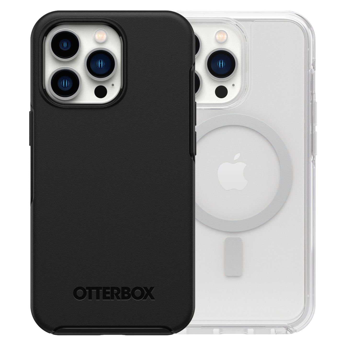 Otterbox Symmetry Plus cover sort og MagSafe-transparent Holdbart cover til iPhone 13 Pro med triple-kameraudskæring.