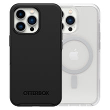Otterbox Symmetry Plus cover sort og MagSafe-transparent Holdbart cover til iPhone 13 Pro med triple-kameraudskæring.