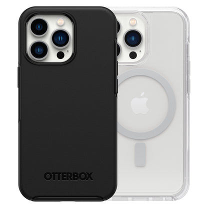 Otterbox Symmetry Plus cover sort og MagSafe-transparent Holdbart cover til iPhone 13 Pro med triple-kameraudskæring.