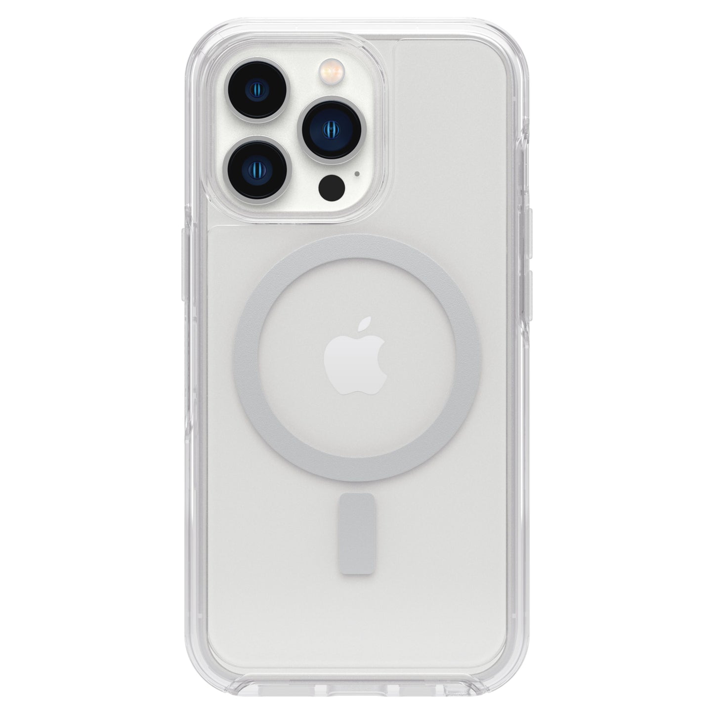 IPhone 13 Pro hvid med tre kameraer i gennemsigtigt Holdbart Symmetry Plus-cover, MagSafe, synligt Apple-logo på bagsiden.