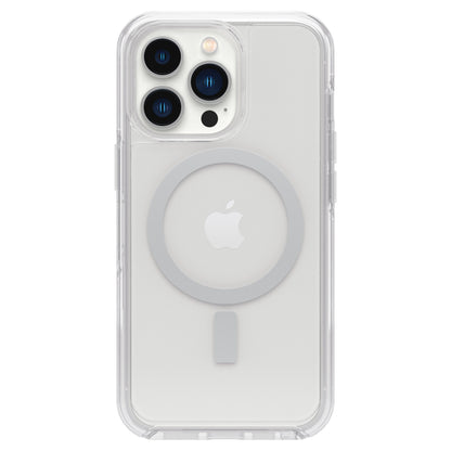 IPhone 13 Pro hvid med tre kameraer i gennemsigtigt Holdbart Symmetry Plus-cover, MagSafe, synligt Apple-logo på bagsiden.