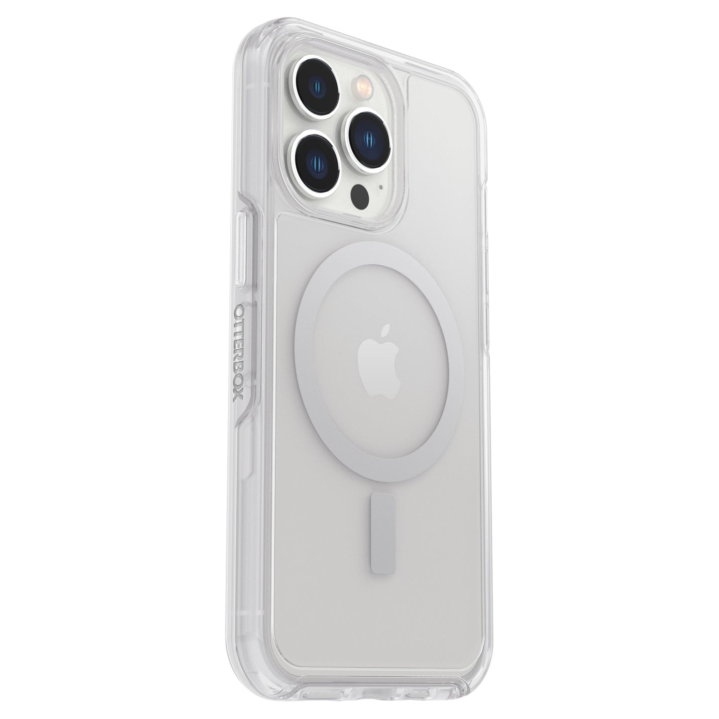 Otterbox Symmetry Plus Holdbart transparent cover til iPhone 13 Pro med synligt Apple-logo og MagSafe-ring på bagsiden.