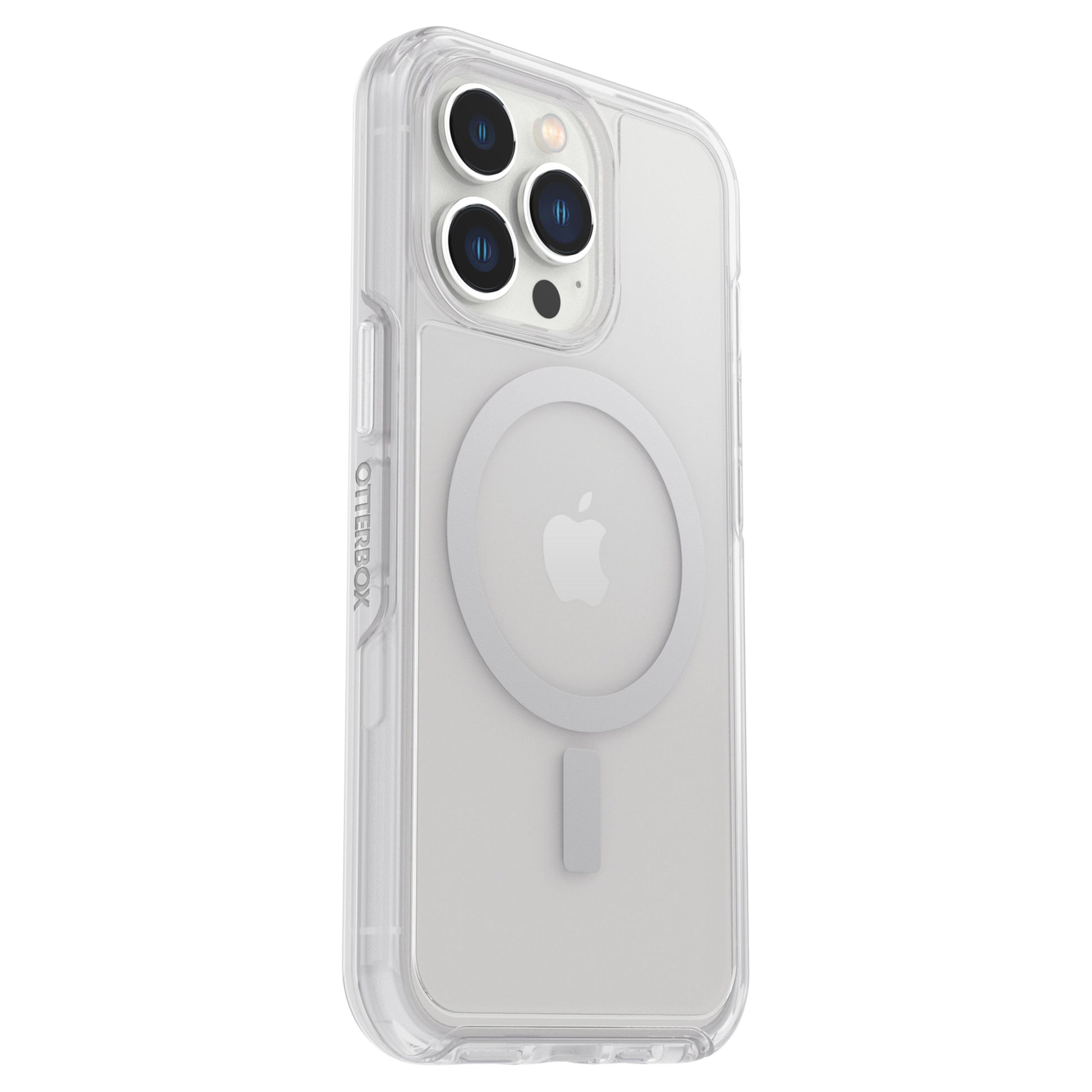 Otterbox Symmetry Plus Holdbart transparent cover til iPhone 13 Pro med synligt Apple-logo og MagSafe-ring på bagsiden.