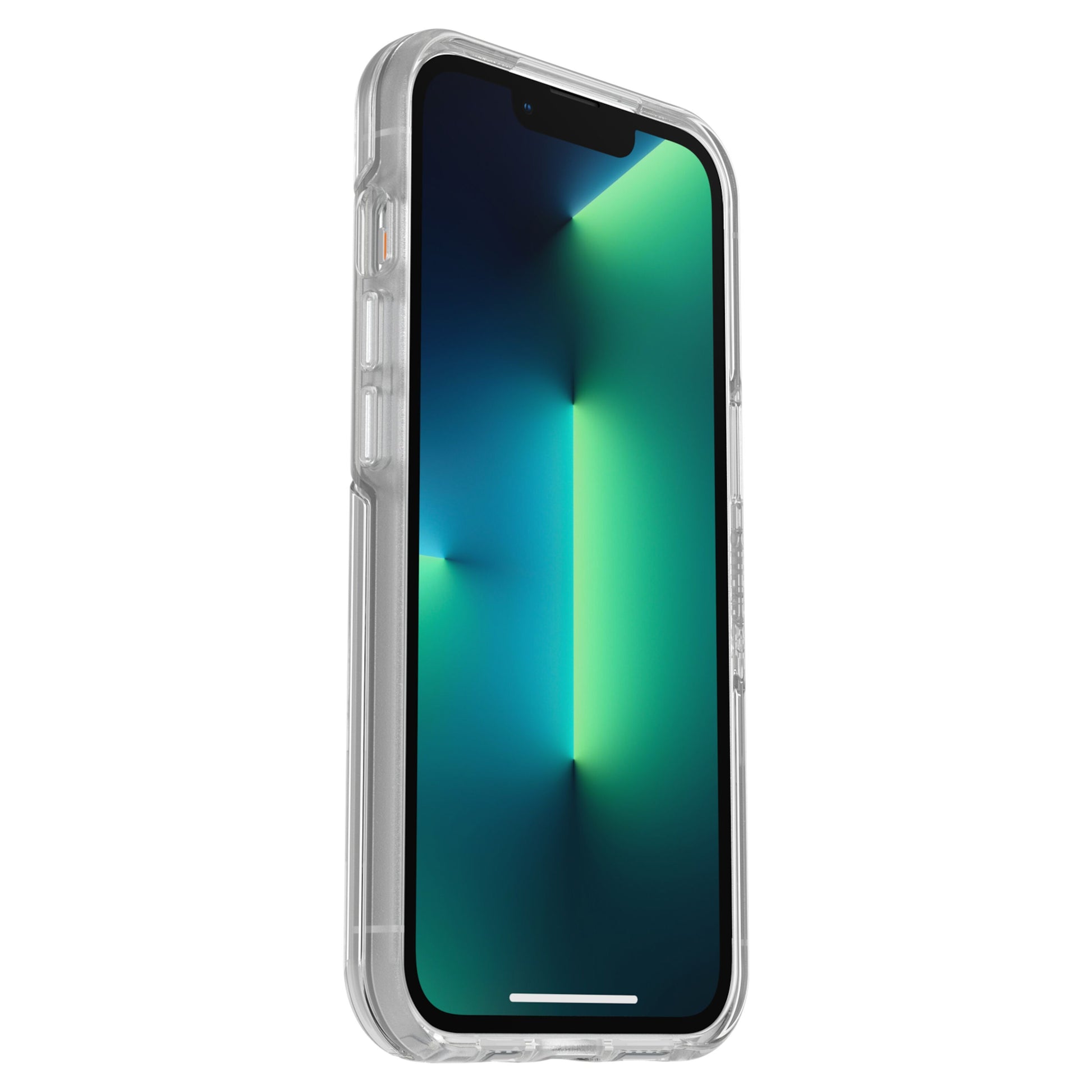 IPhone 13 Pro med blå-grøn baggrund i gennemsigtigt Otterbox Symmetry Plus Holdbart cover set forfra og fra venstre.