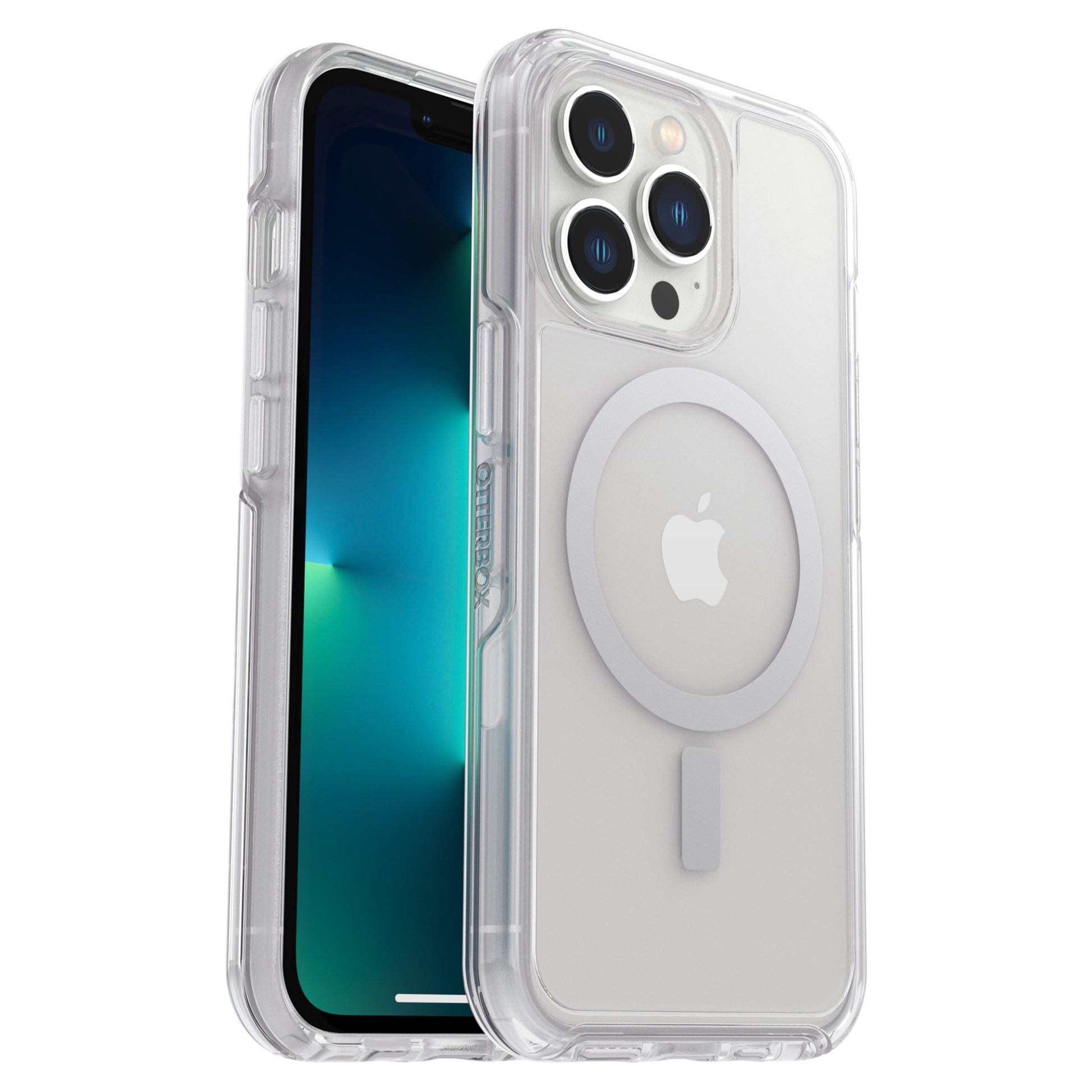 Apple iPhone 13 Pro blå-grøn skærm, bagside med gennemsigtigt cover, Apple-logo og MagSafe-ring synlig.