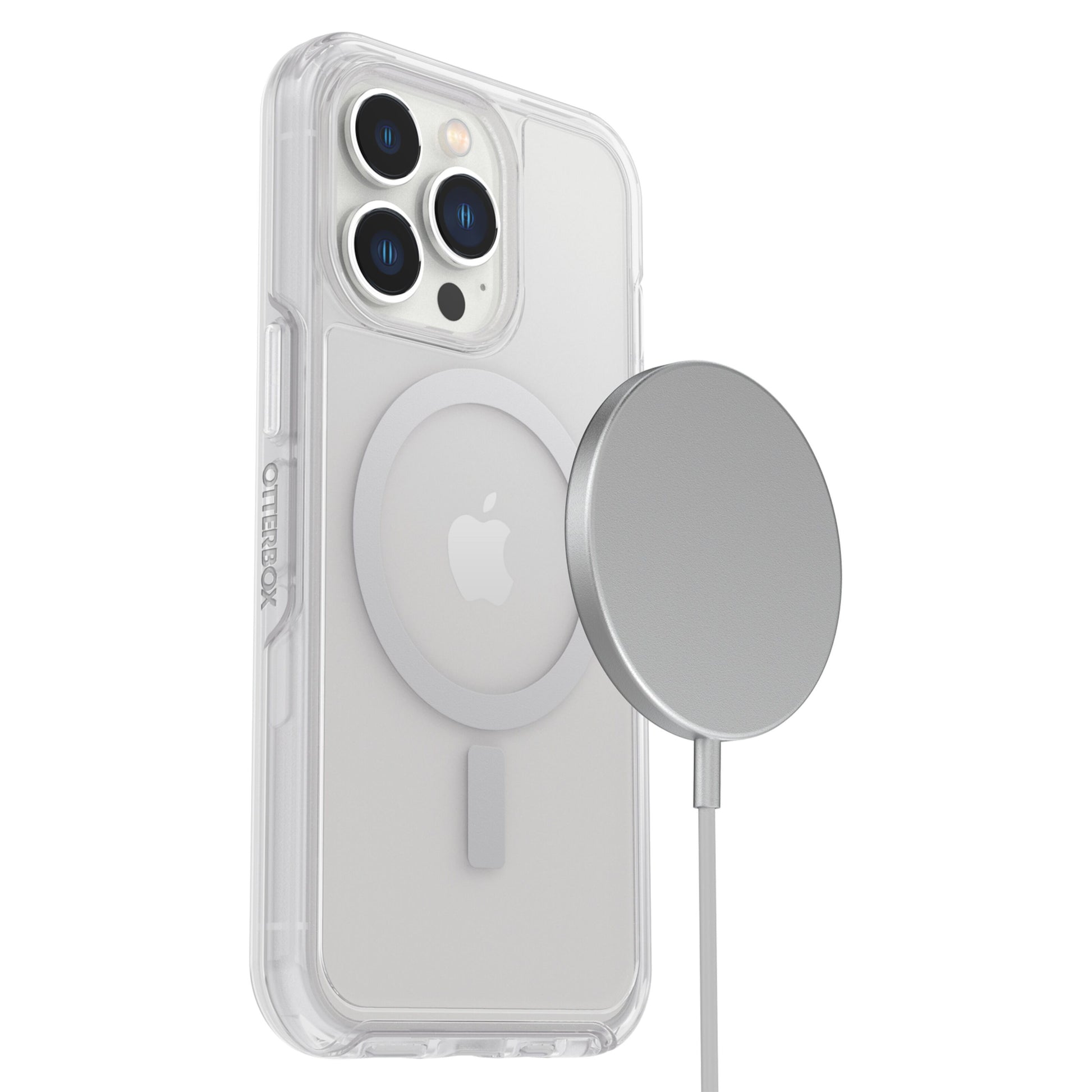 Otterbox Symmetry Plus cover til iPhone 13 Pro Transparent vises med MagSafe oplader, kompatibel med MagSafe tilbehør.