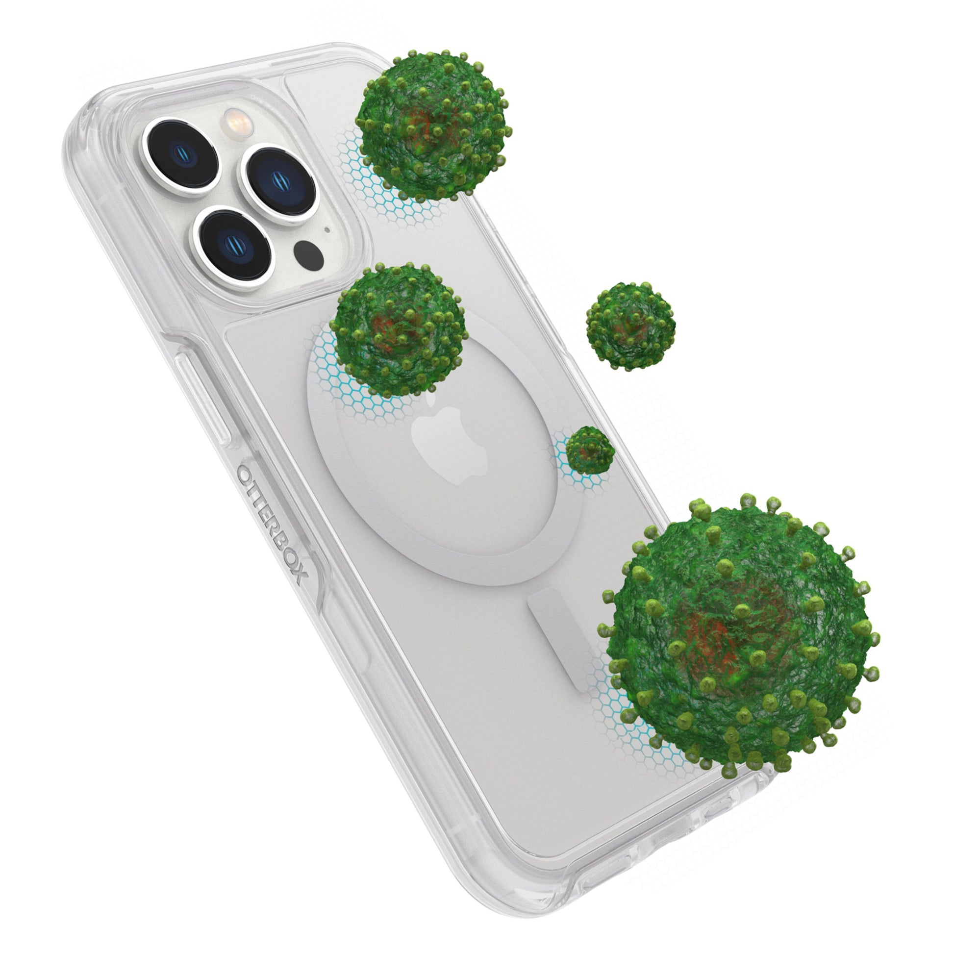 IPhone 13 Pro i Otterbox Symmetry Plus Holdbart cover Transparent omgivet af grønne viruslignende partikler.