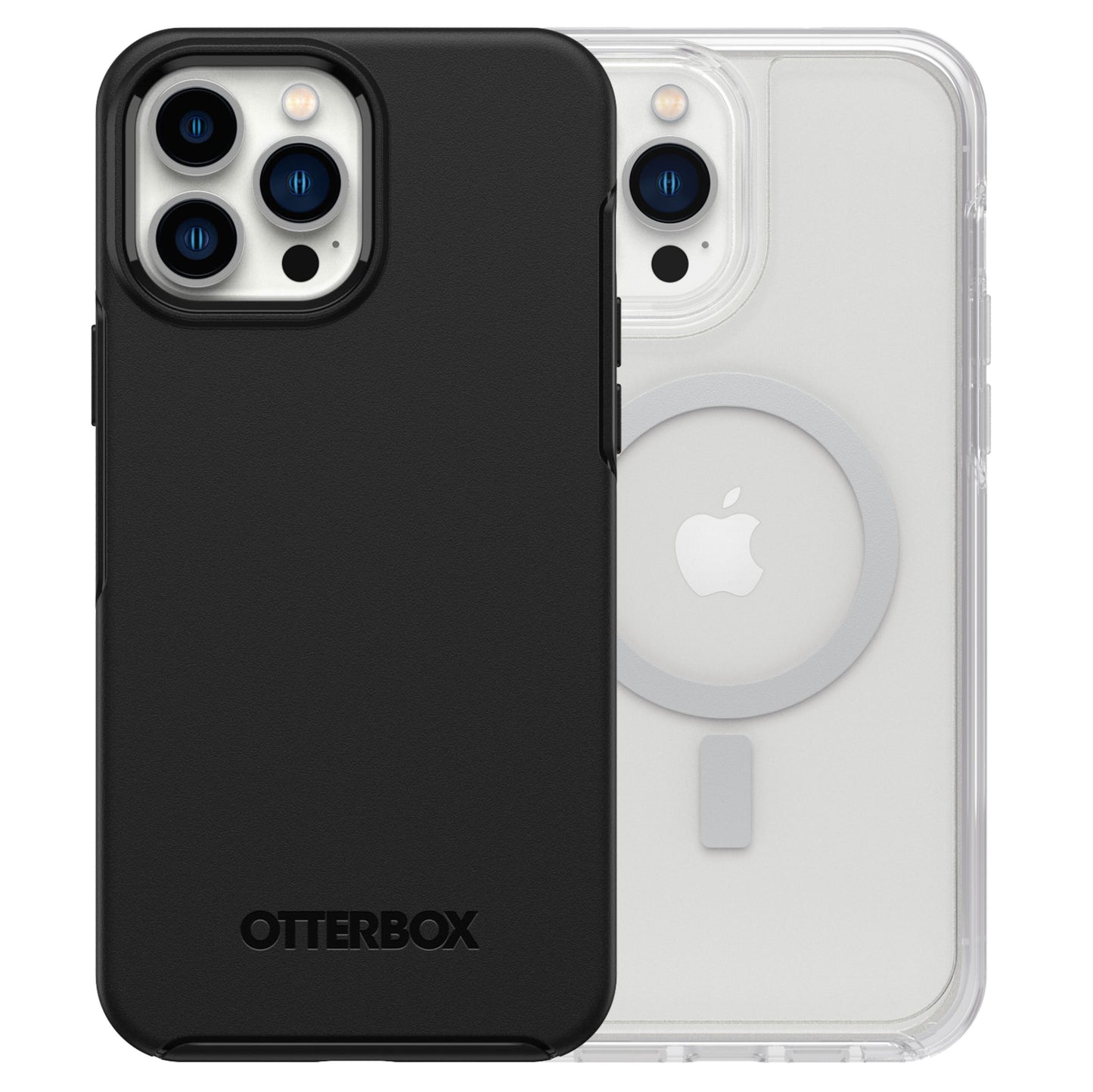IPhone 13 Pro Max med sort eller transparent Symmetry Plus Holdbart cover, synligt Apple-logo og MagSafe-ring.