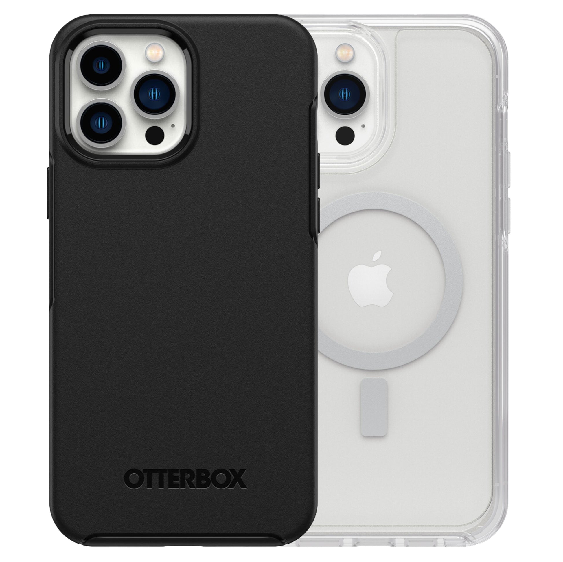 IPhone 13 Pro Max med sort eller transparent Symmetry Plus Holdbart cover, synligt Apple-logo og MagSafe-ring.