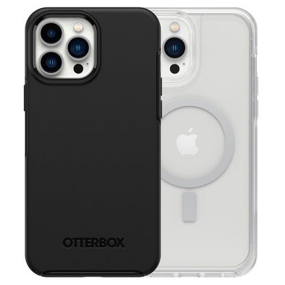 IPhone 13 Pro Max med sort eller transparent Symmetry Plus Holdbart cover, synligt Apple-logo og MagSafe-ring.