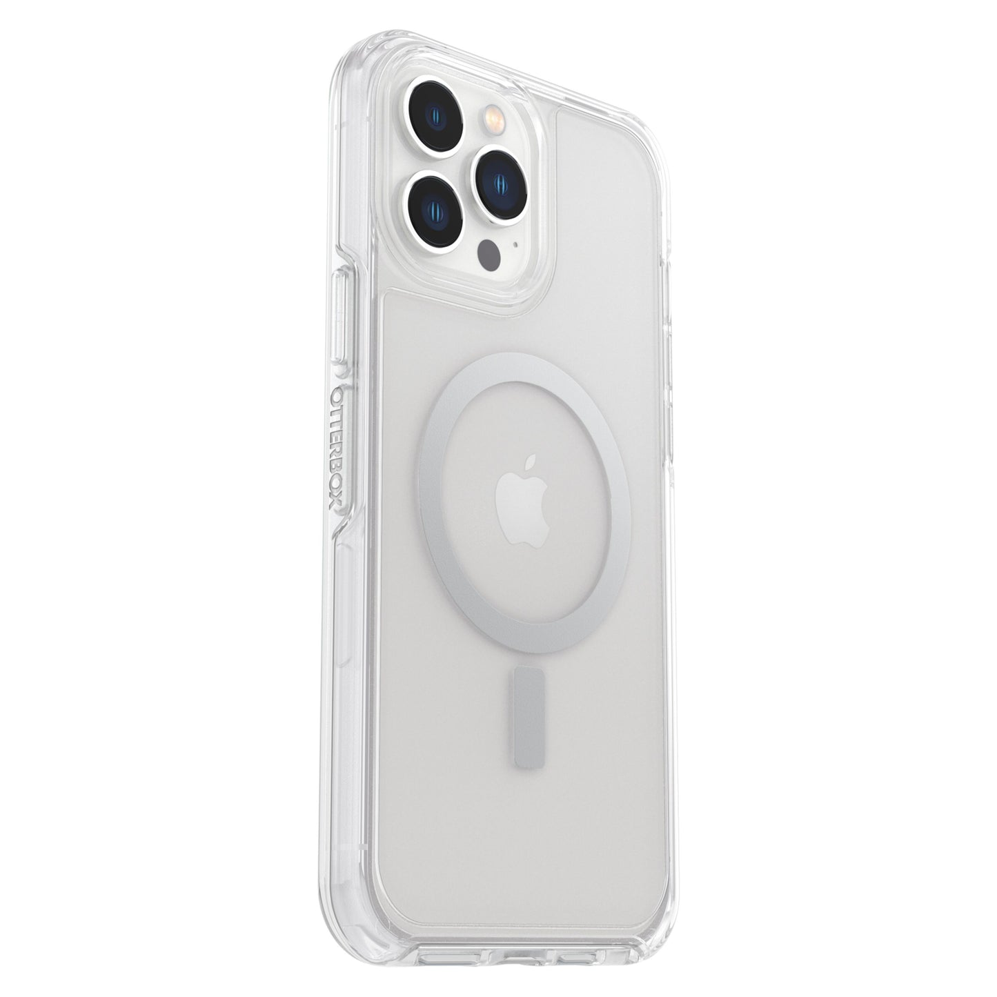 Otterbox Symmetry Plus cover til iPhone 13 Pro Max transparent viser Apple-logo og kameralinser gennem klart design.