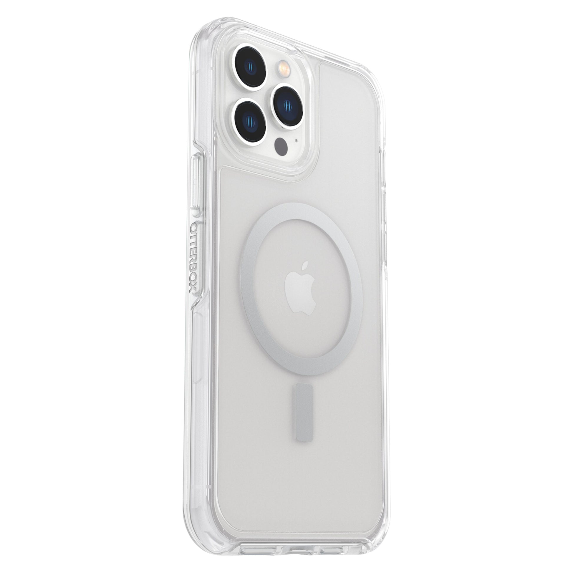 Otterbox Symmetry Plus cover til iPhone 13 Pro Max transparent viser Apple-logo og kameralinser gennem klart design.