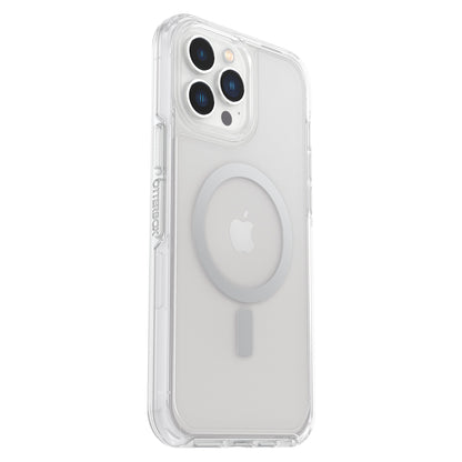 Otterbox Symmetry Plus cover til iPhone 13 Pro Max transparent viser Apple-logo og kameralinser gennem klart design.
