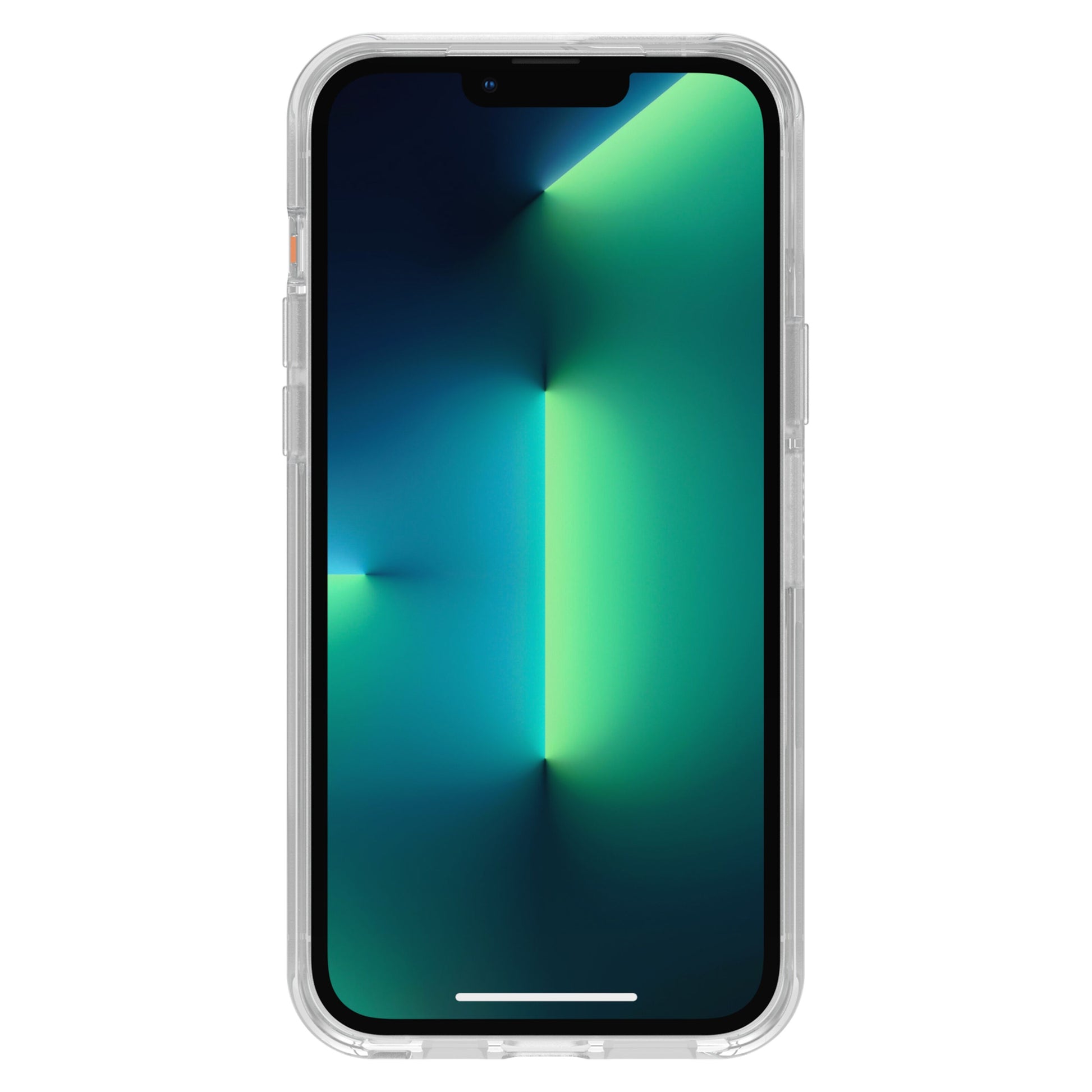 Otterbox Symmetry Plus transparent cover til iPhone 13 Pro Max, vises forfra på enhed med blågrøn geometrisk tapet.