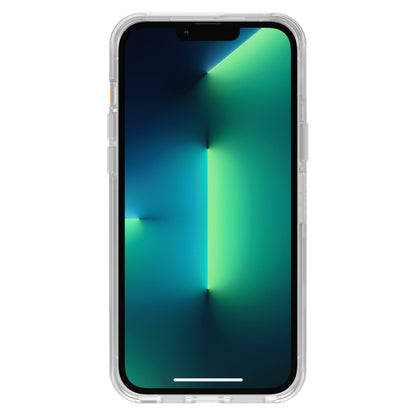 Otterbox Symmetry Plus transparent cover til iPhone 13 Pro Max, vises forfra på enhed med blågrøn geometrisk tapet.