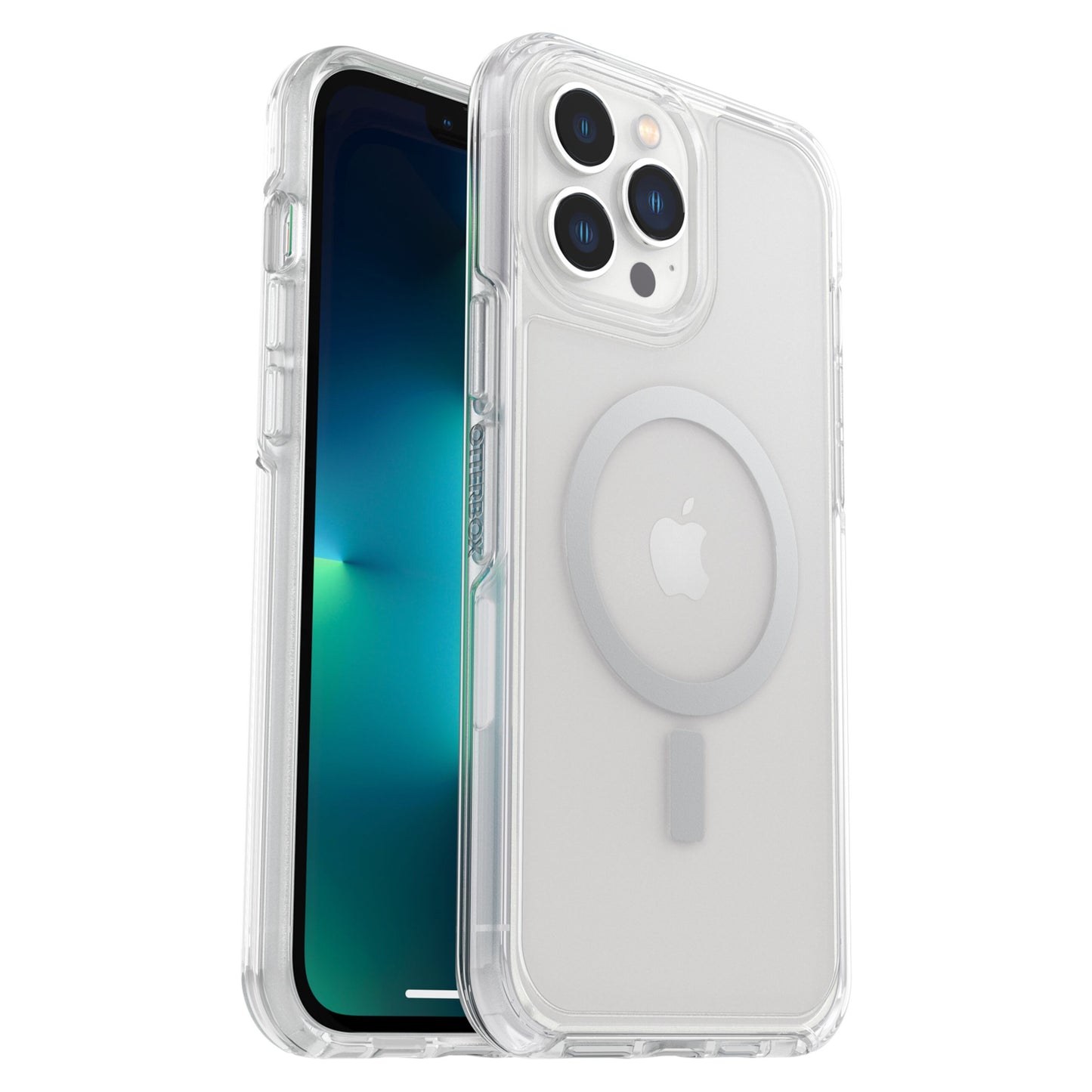 Otterbox Symmetry Plus Holdbart cover til iPhone 13 Pro Max Transparent, vises for- og bagside, MagSafe ring, Apple logo.