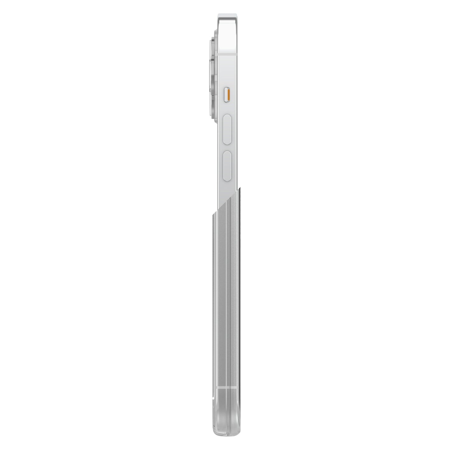IPhone 13 Pro Max sølv, sidesæt med synlige knapper og kamerabump i transparent Symmetry Plus Holdbart cover.