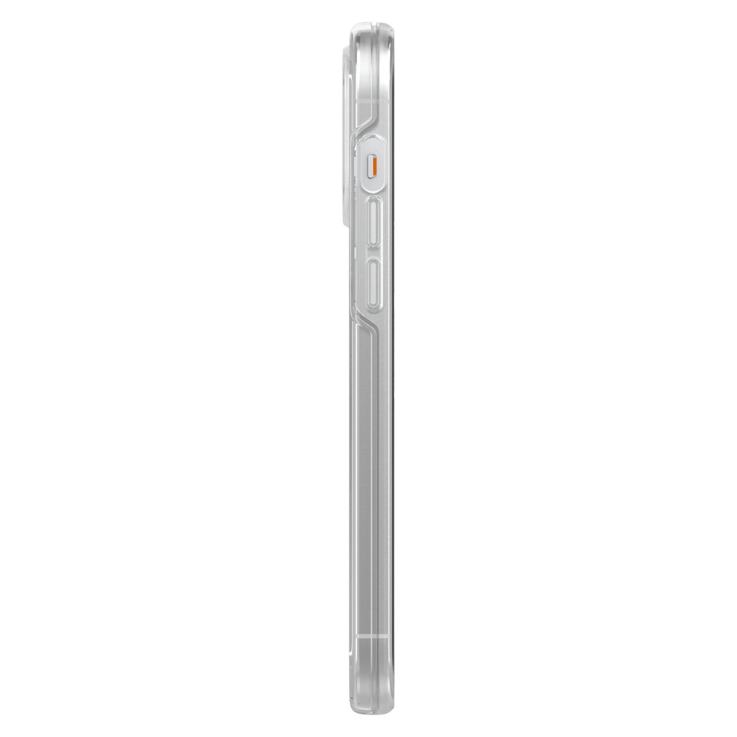 Otterbox Symmetry Plus Holdbart cover til iPhone 13 Pro Max, transparent, sideview med knapbeskyttere og MagSafe-udskæringer.