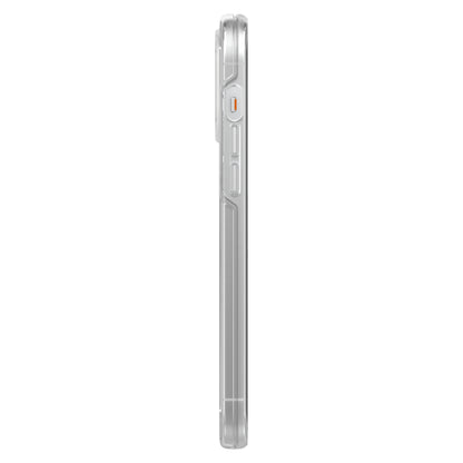 Otterbox Symmetry Plus Holdbart cover til iPhone 13 Pro Max, transparent, sideview med knapbeskyttere og MagSafe-udskæringer.