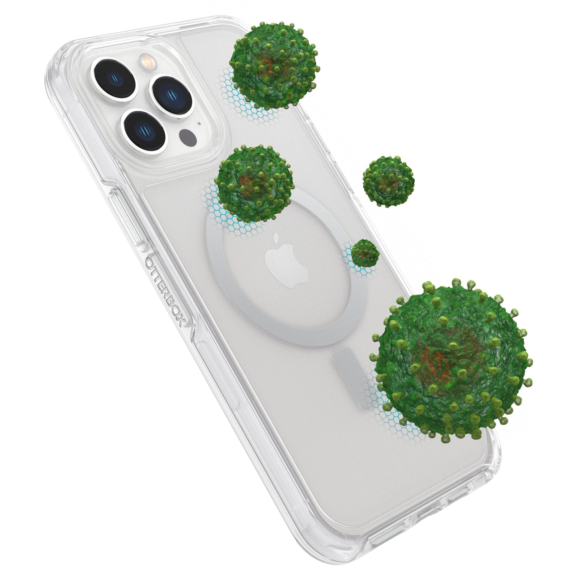 Otterbox Symmetry Plus cover til iPhone 13 Pro Max Transparent vist på mobil med grønne viruspartikler omkring.