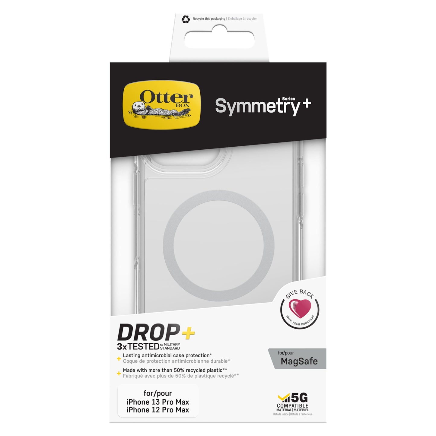 Otterbox Symmetry Plus cover til iPhone 13 Pro Max transparent MagSafe-kompatibel DROP+ beskyttelse genbrugsmaterialer.