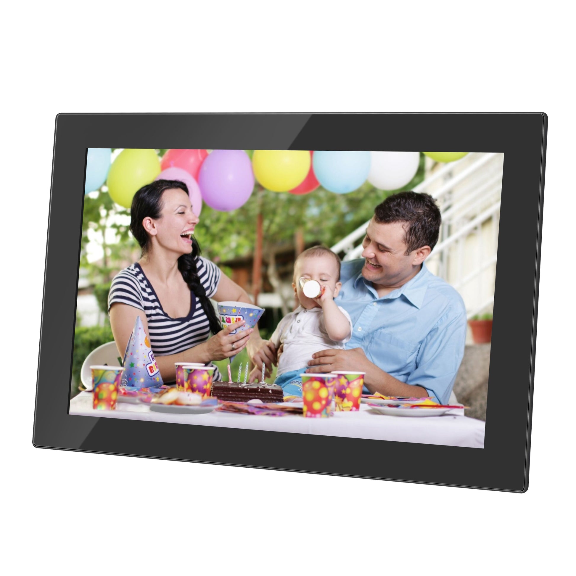 Denver Frameo digital fotoramme 10,1" sort med wifi, viser familie fødselsdag, glade personer, kage og balloner.