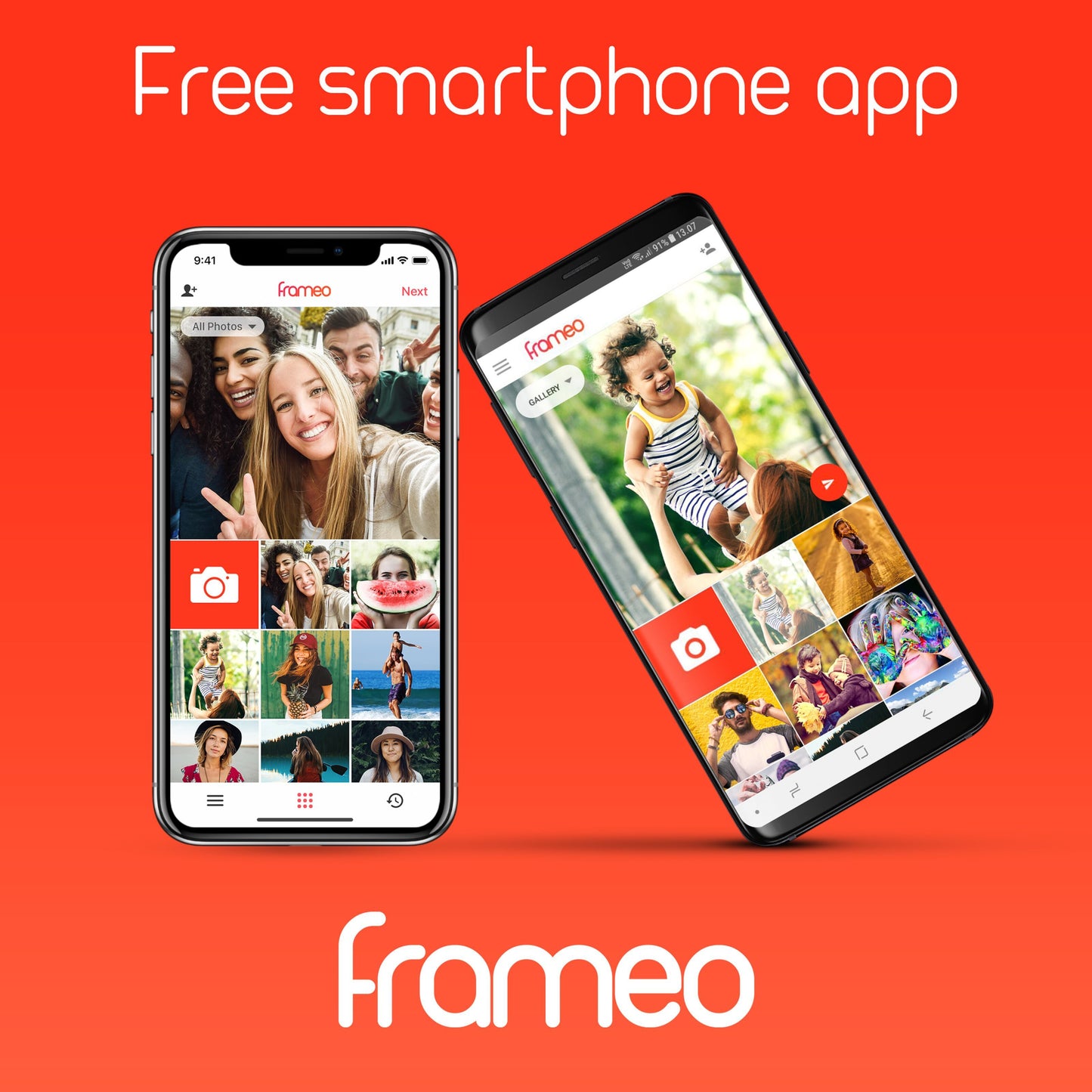 Denver Frameo Digital fotoramme 10,1" wifi, til smartphones med Frameo app fotos, rød baggrund, Denver logo.