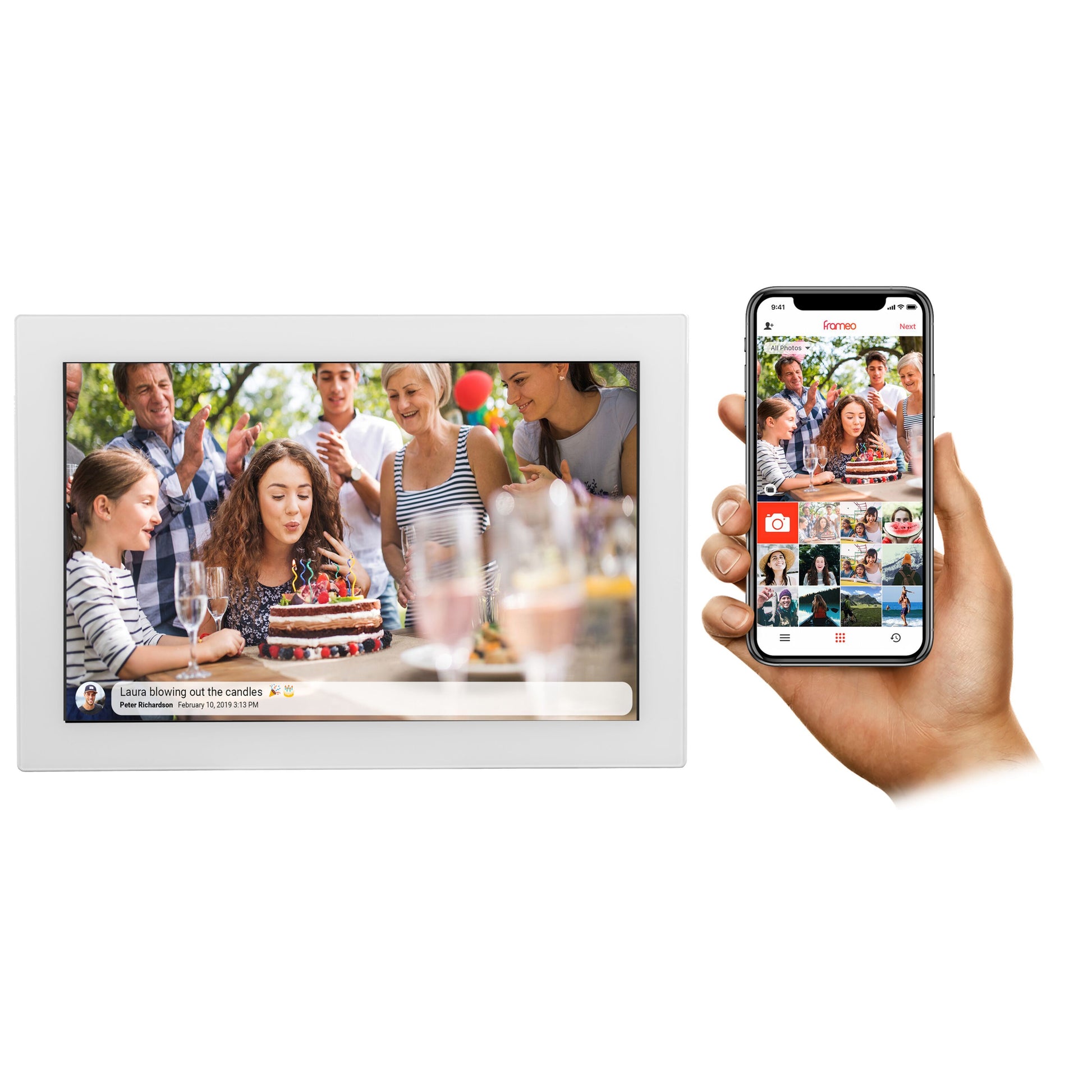 Denver Frameo digital fotoramme 10,1" hvid med wifi viser fødselsdagsbillede og smartphone med galleri-app.