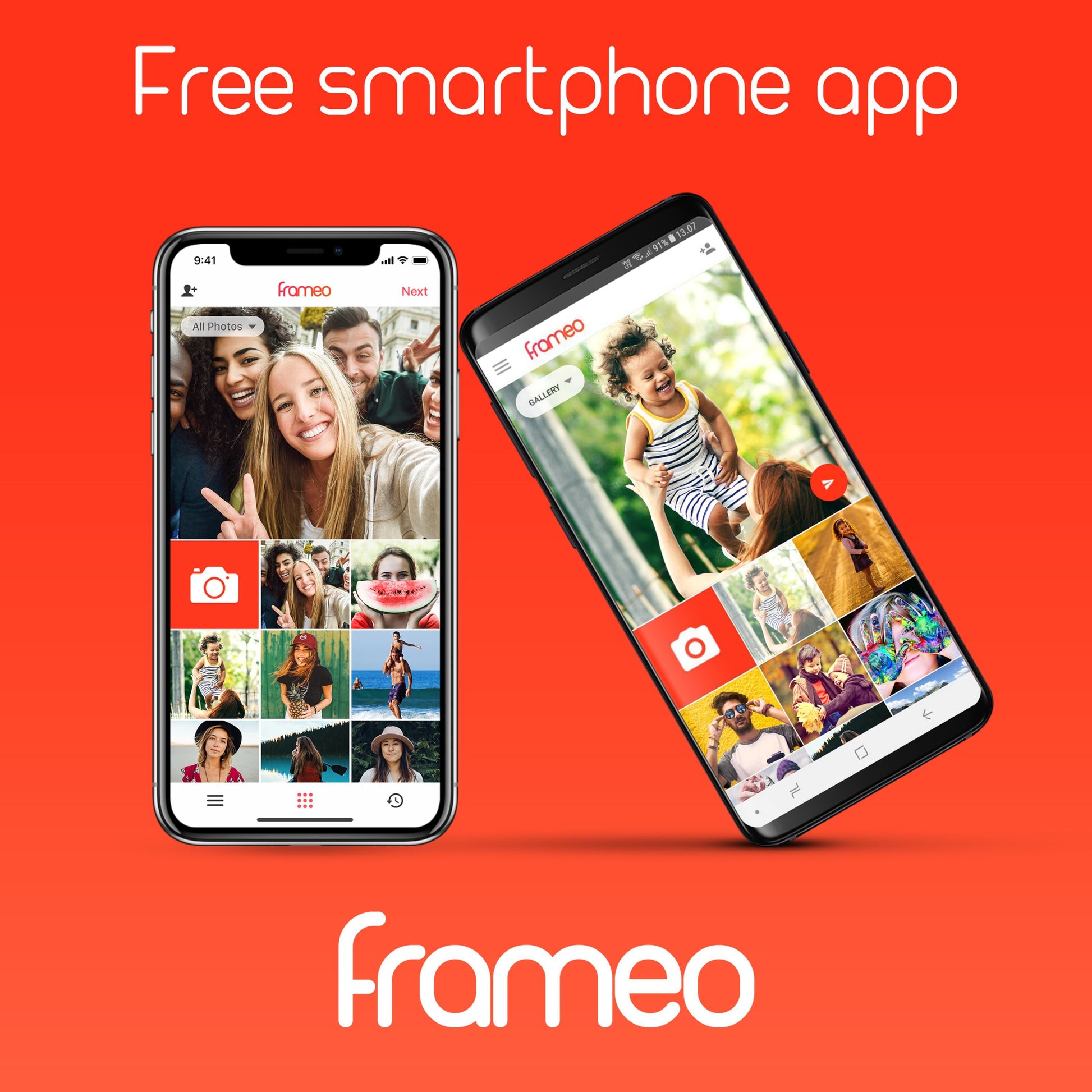 Til smartphones med Frameo app fotodeling via Wi-Fi, "Free smartphone app" tekst og Frameo logo vises til Denver digital fotoramme 10,1" hvid.