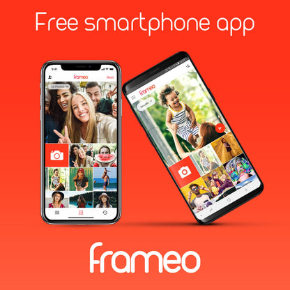 Til smartphones med Frameo app fotodeling via Wi-Fi, "Free smartphone app" tekst og Frameo logo vises til Denver digital fotoramme 10,1" hvid.