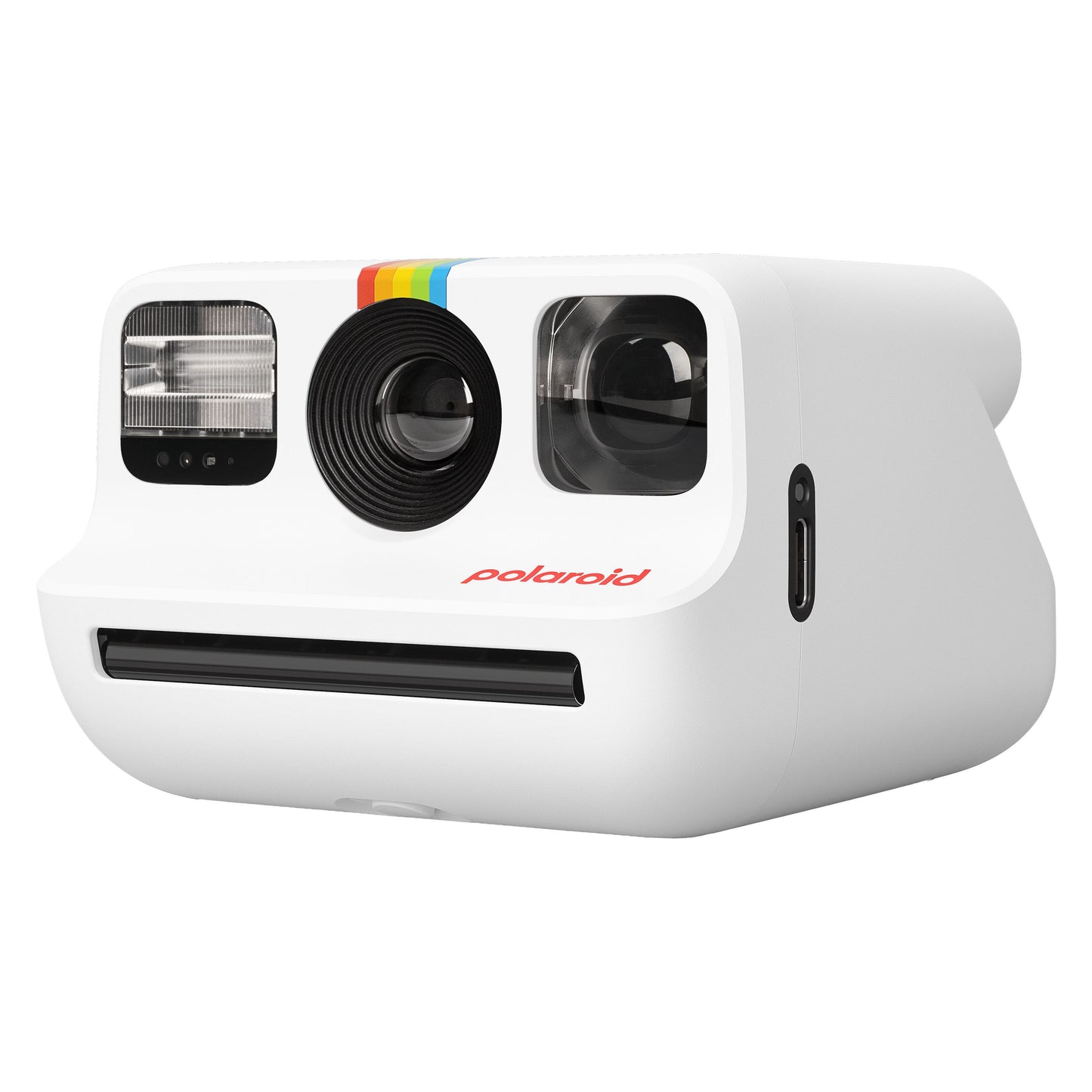 Polaroid Go Gen2 instant kamera, hvid med regnbuestribe over objektiv, venstre flash, filmudtag under, rød polaroid-logo.