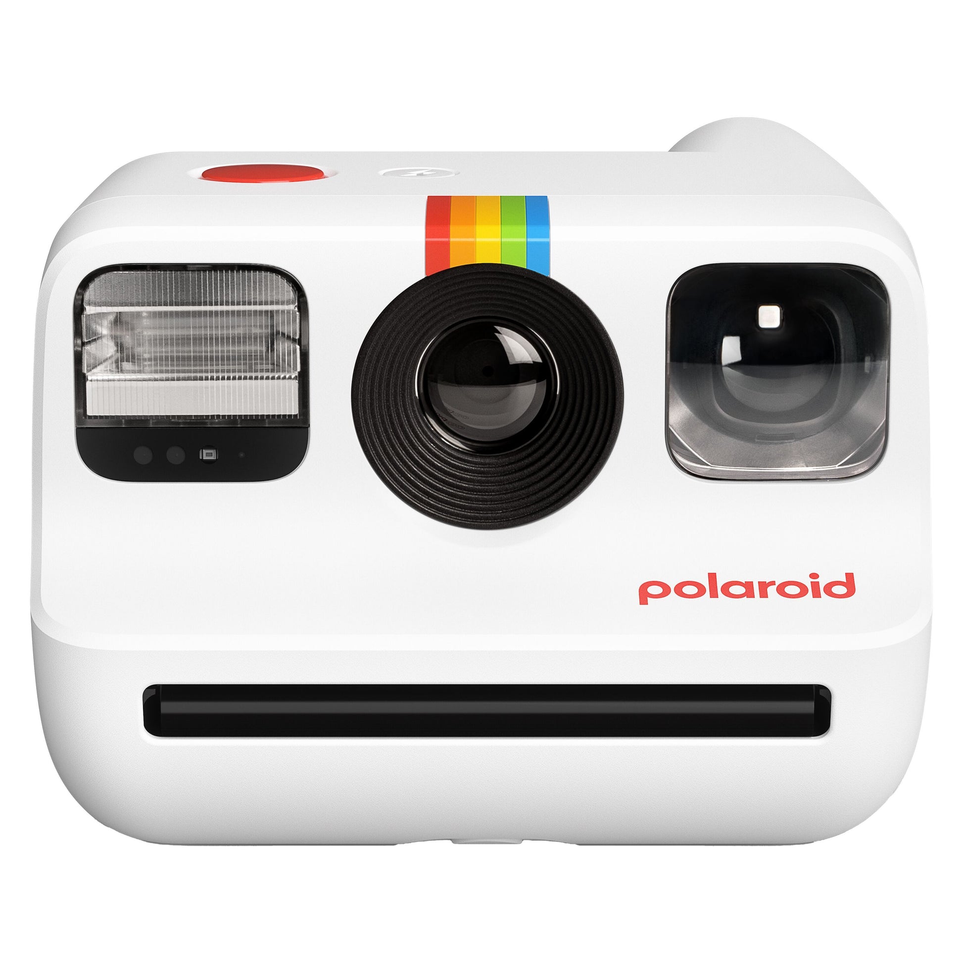 Polaroid Go Gen2 instant kamera hvid med regnbuestribe, rød udløserknap, polaroid logo, linse, flash og fotoudtag.