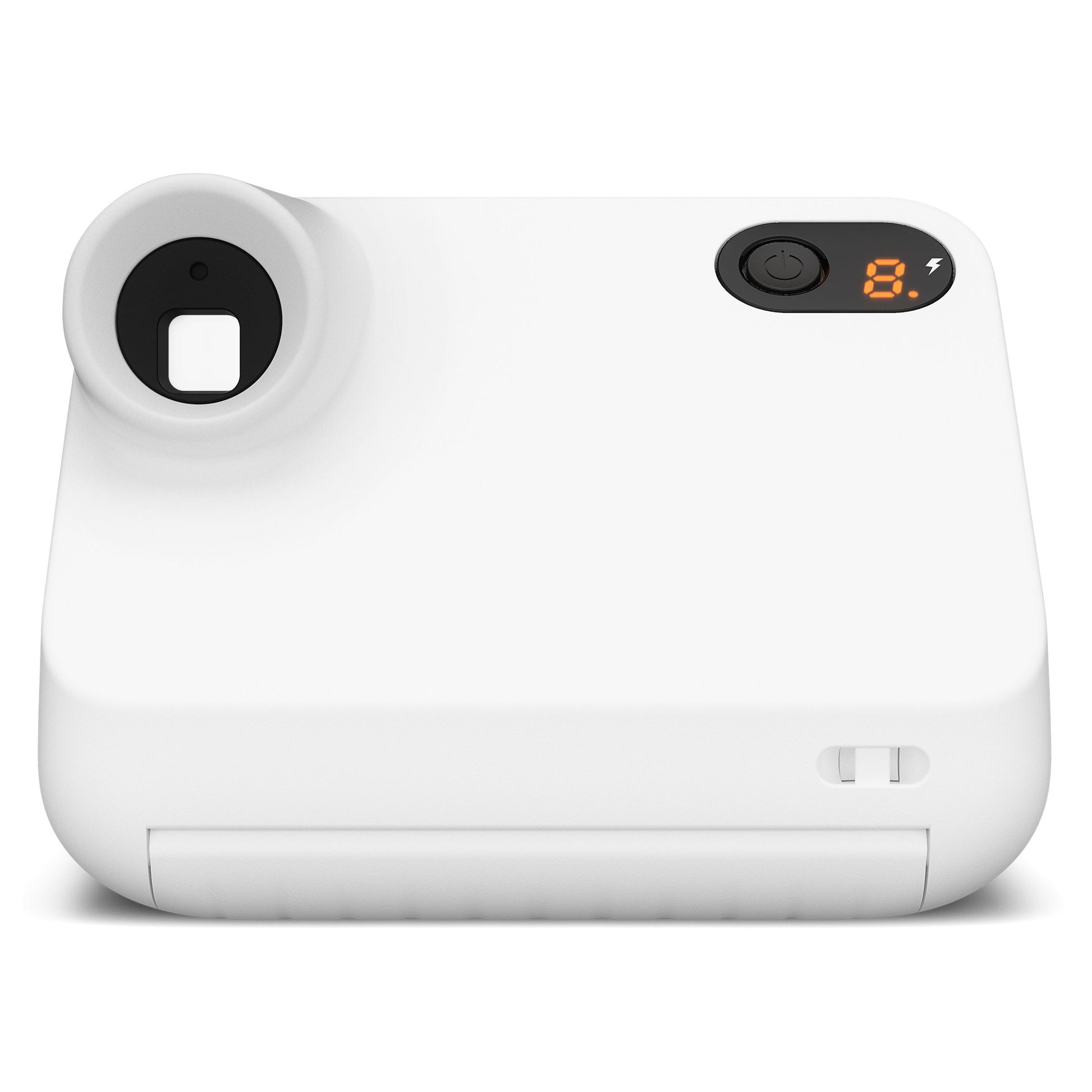 Polaroid Go Gen2 instant kamera, hvid med sort linse og orange digitalt display med tallet 8 og lynsymbol.