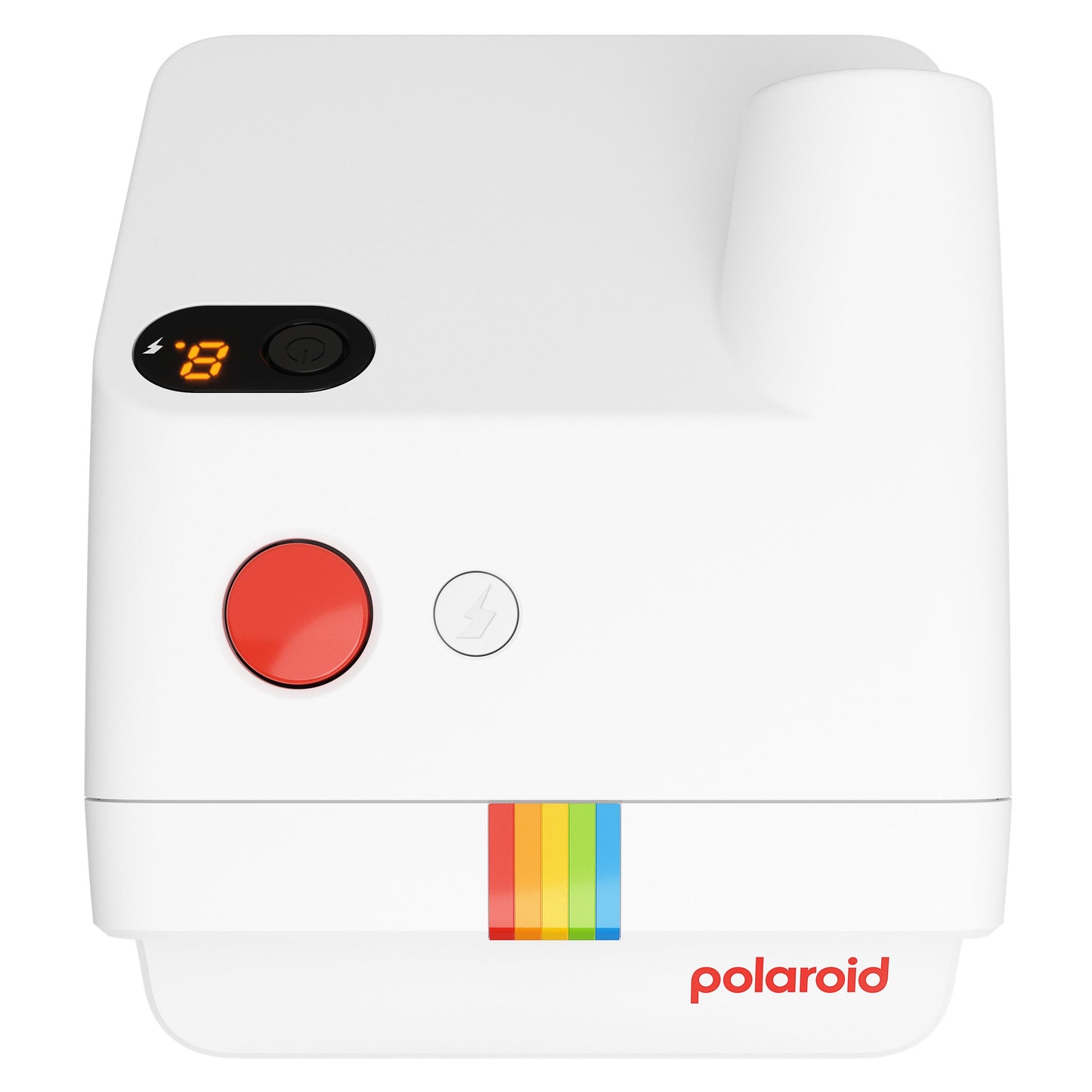 Polaroid Go Gen2 instant kamera hvid med stor rød knap, digitalt display 9, regnbuestribe og rødt Polaroid logo nederst.