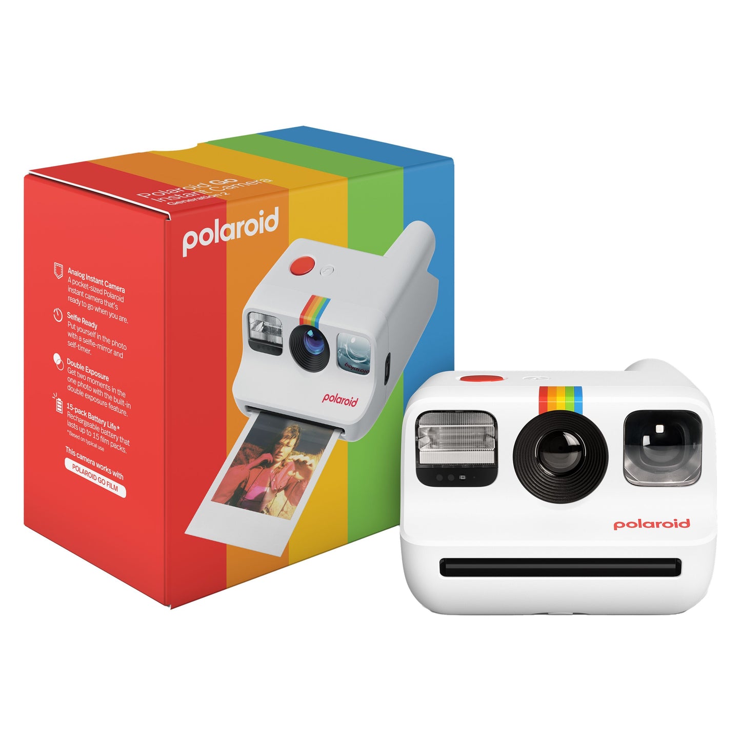 Polaroid Go Gen2 instantkamera med regnbuestribe printer foto, farverig æske viser produktdetaljer og billeder.