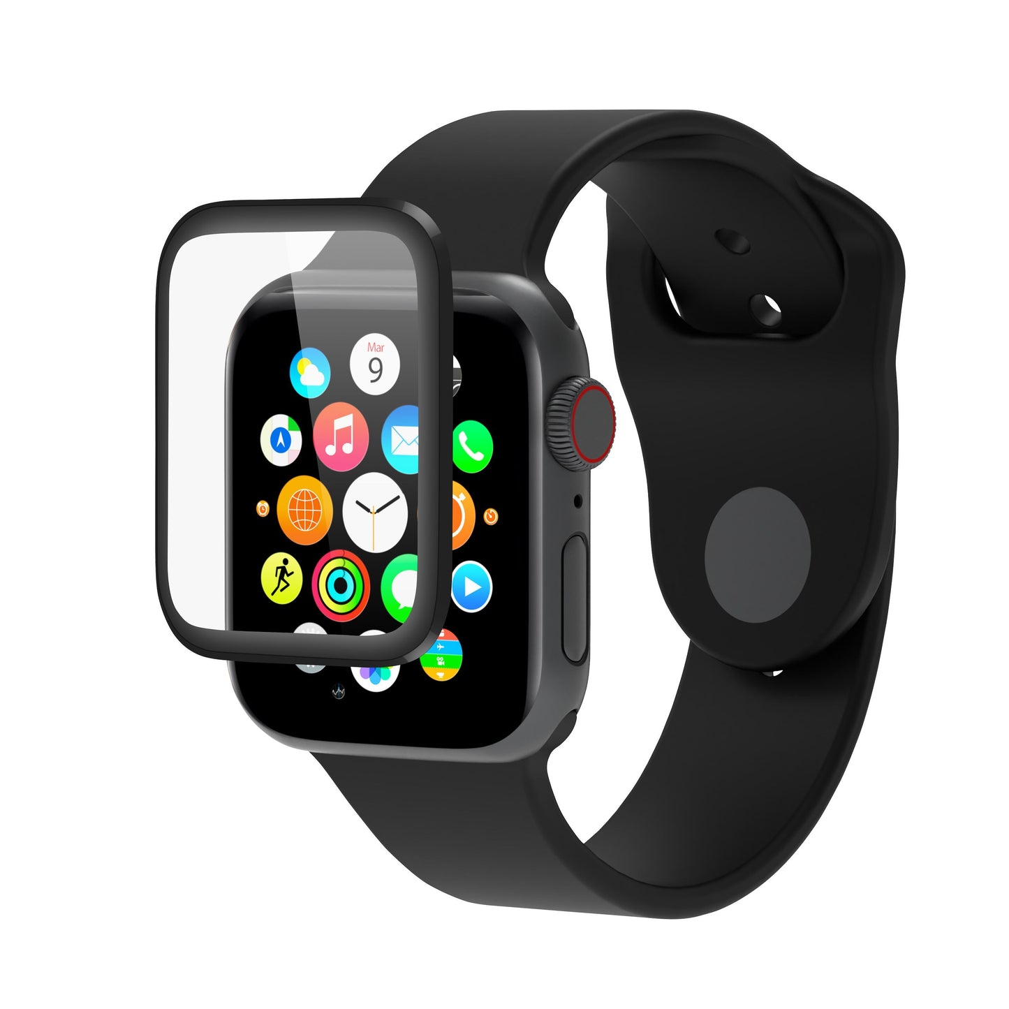 Apple Watch Series 5/6/SE 40 mm sort med farverig appskærm, sort rem og rød accent på sideknap, delvis dækket af skærmbeskyttelse.