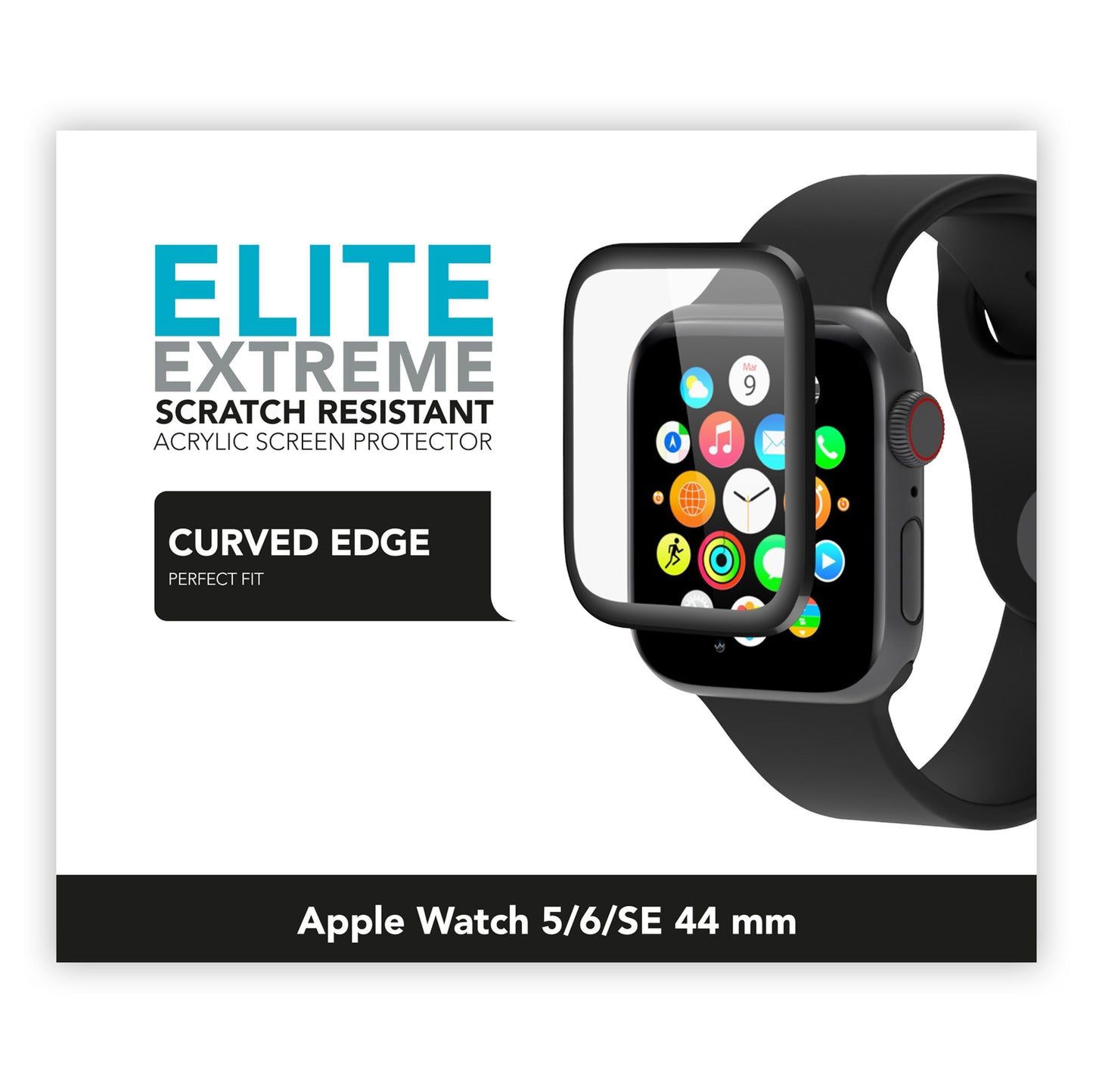 Extreme Curved skærmbeskyttelse til Apple Watch Series 5/6/SE 44mm monteret på sort ur med sort rem.