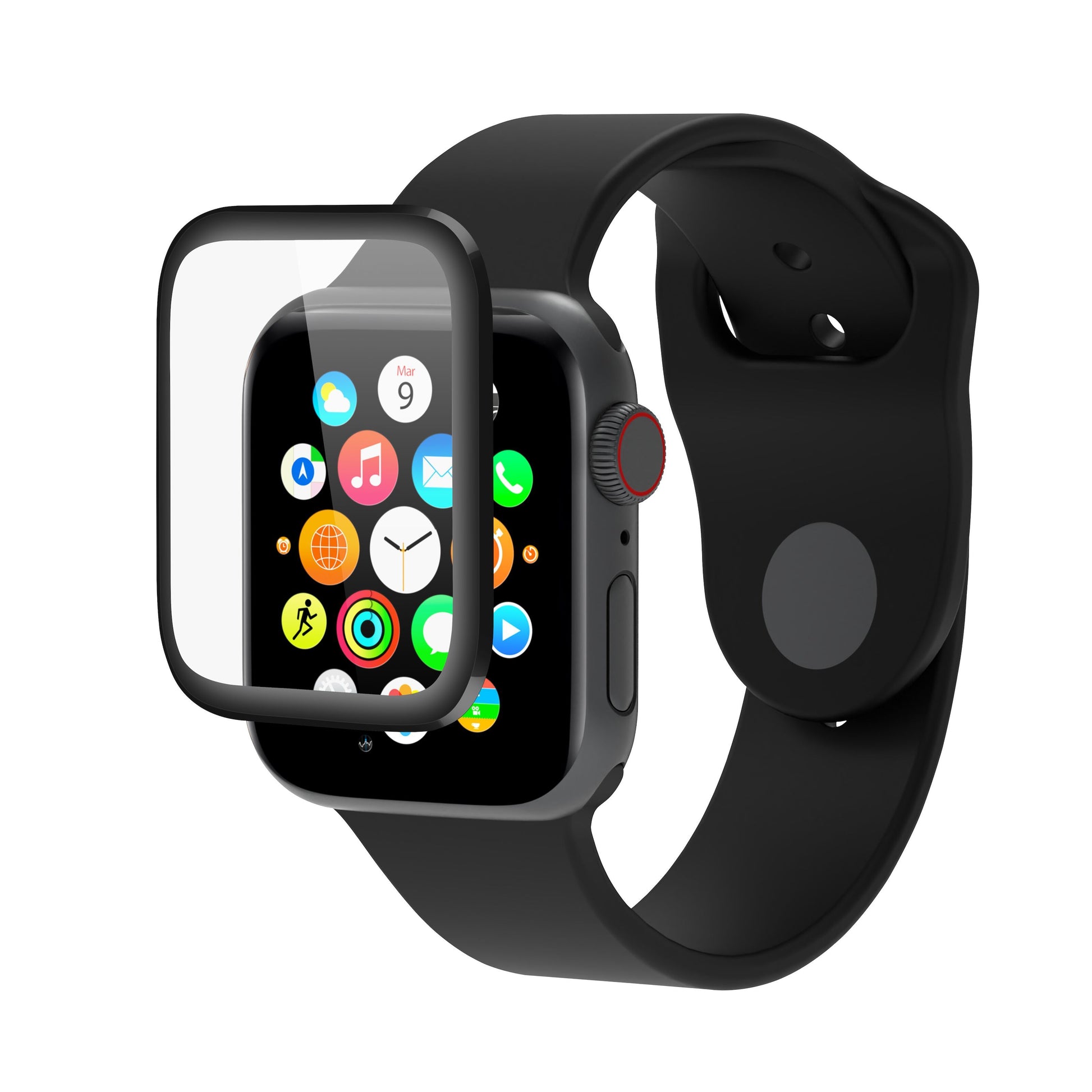 Sort smartwatch med farvet app-gitter og Extreme Curved skærmbeskyttelse til Apple Watch Series 5/6/SE 44 mm foran displayet.
