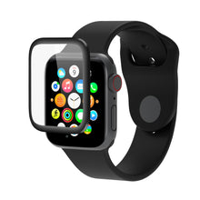 Sort smartwatch med farvet app-gitter og Extreme Curved skærmbeskyttelse til Apple Watch Series 5/6/SE 44 mm foran displayet.