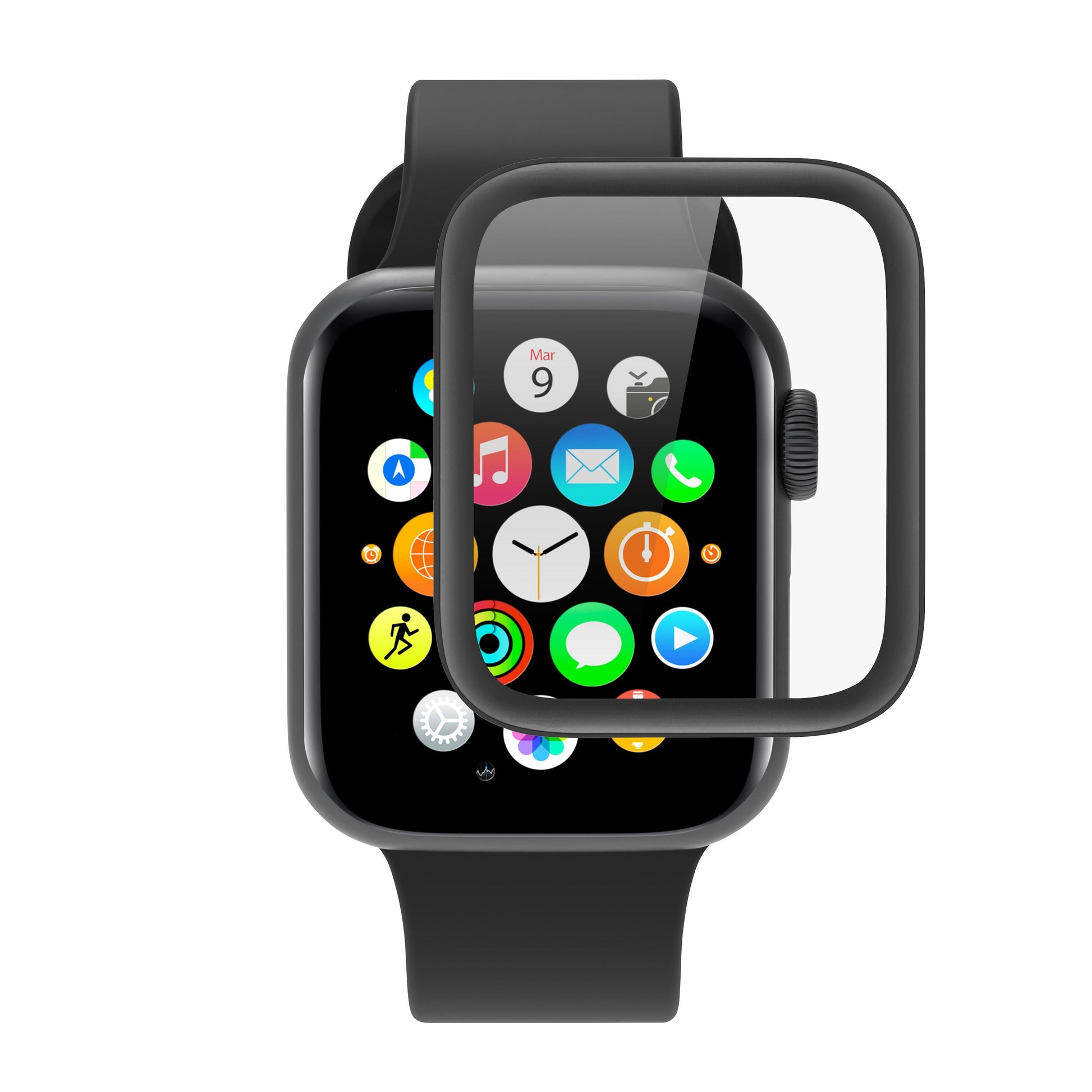 Apple Watch 44 mm sort med farverigt app-gitter og Extreme Curved hærdet akrylglas skærmbeskyttelse til Series 5/6/SE.